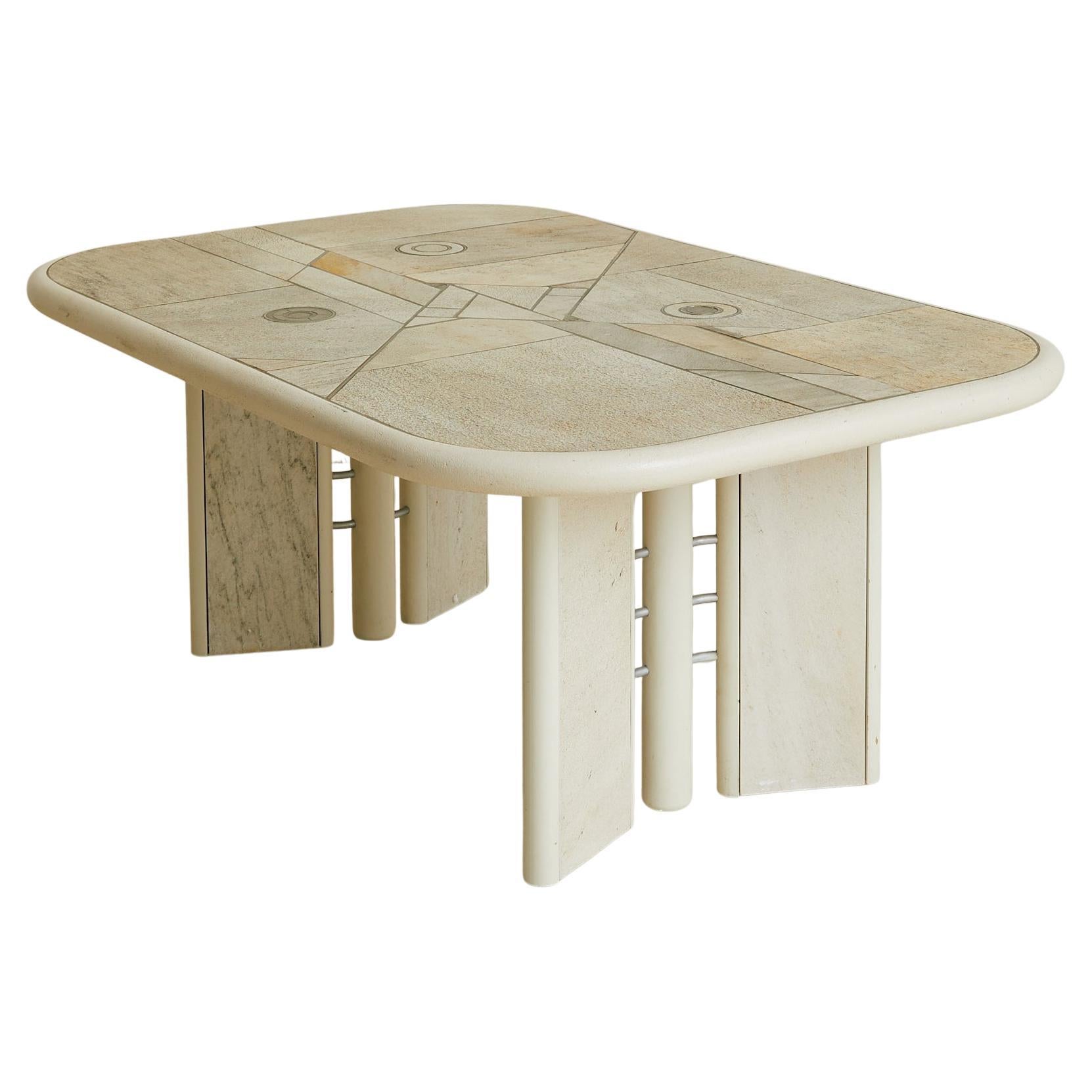 Dutch Brutalist Stone + Metal Inlay Coffee Table in Manner of Paul