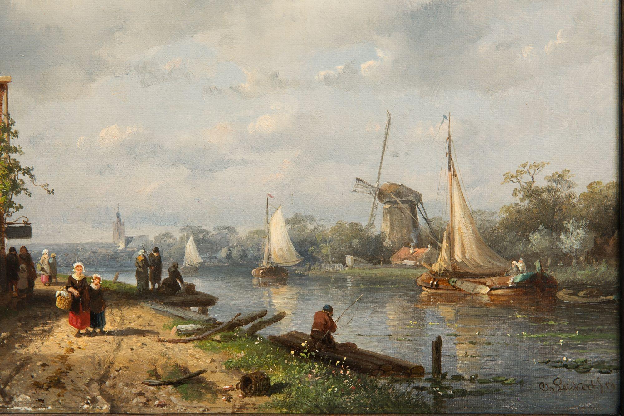 19th Century Dutch Canal Antique Landscape Painting by Charles Leickert, circa 1859