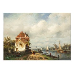 Dutch Canal Antique Landscape Painting by Charles Leickert, circa 1859