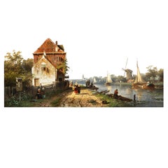 Dutch Canal Antique Landscape Painting by Charles Leickert, circa 1859