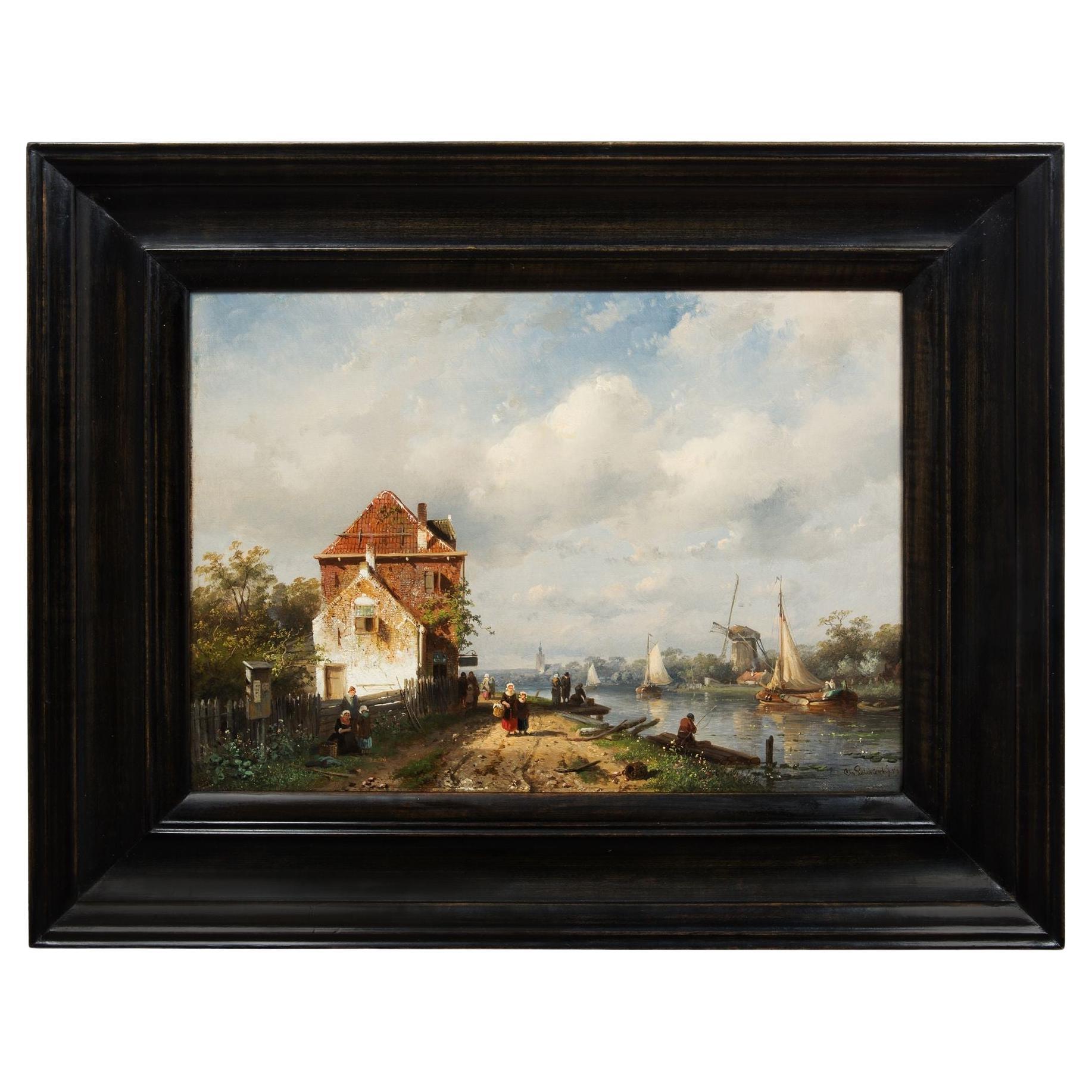 Dutch Canal Antique Landscape Painting by Charles Leickert, circa 1859