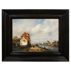 Dutch Canal Antique Landscape Painting by Charles Leickert, circa 1859