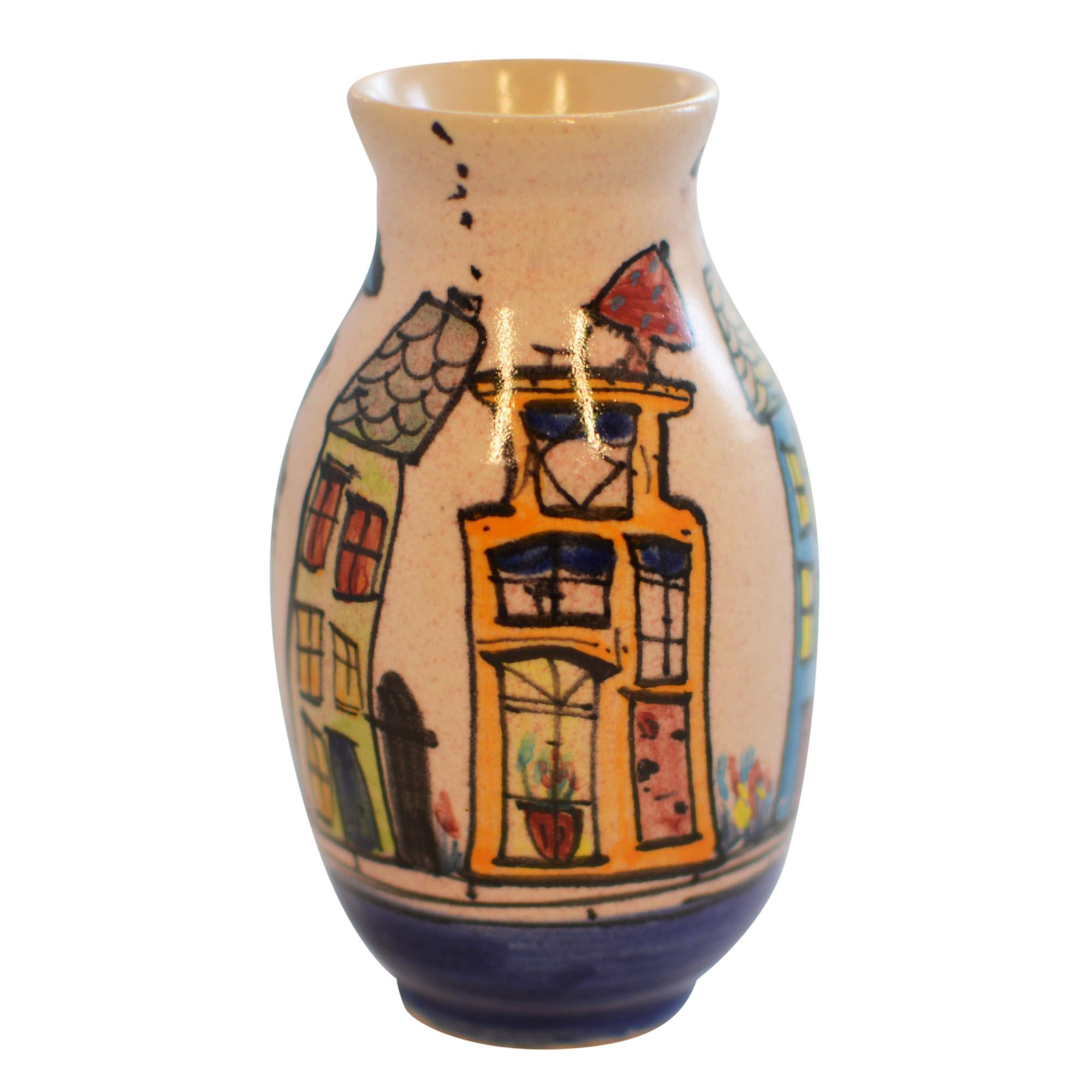 Dutch Canal Front Home Hand Painted Bud Vase Cat on Gray House For Sale