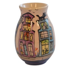 Dutch Canal Front Home Hand Painted Bud Vase Cats on Roofs
