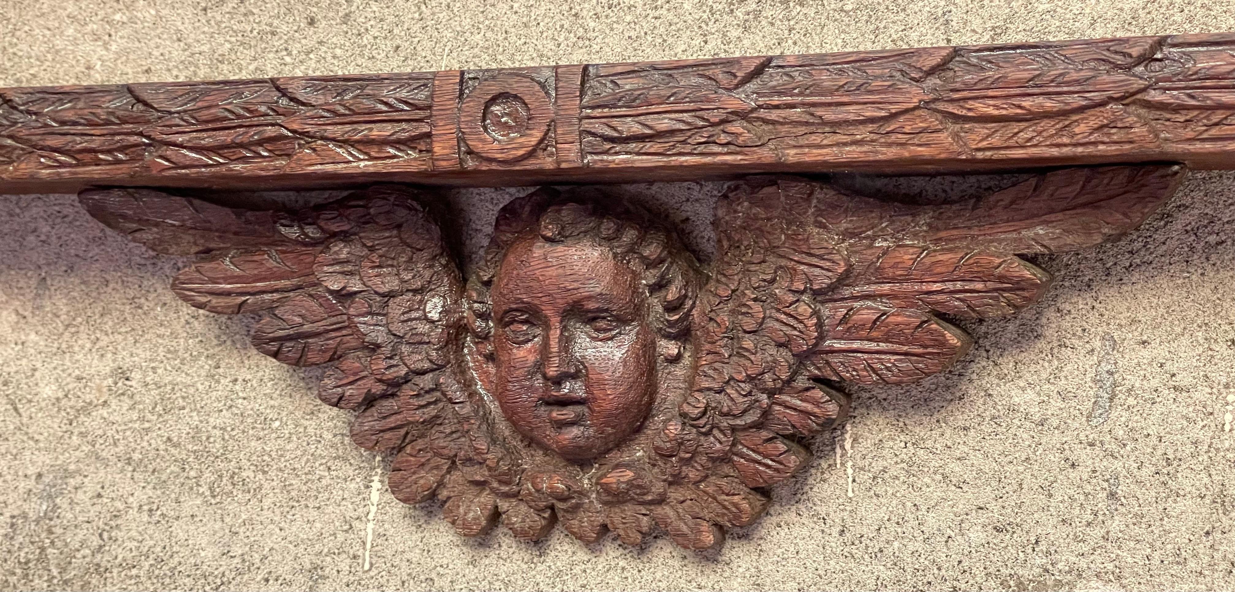 Country Dutch Carved Oak Angel Cherub Head Wall Mounted Plate Display Rack Shelf For Sale