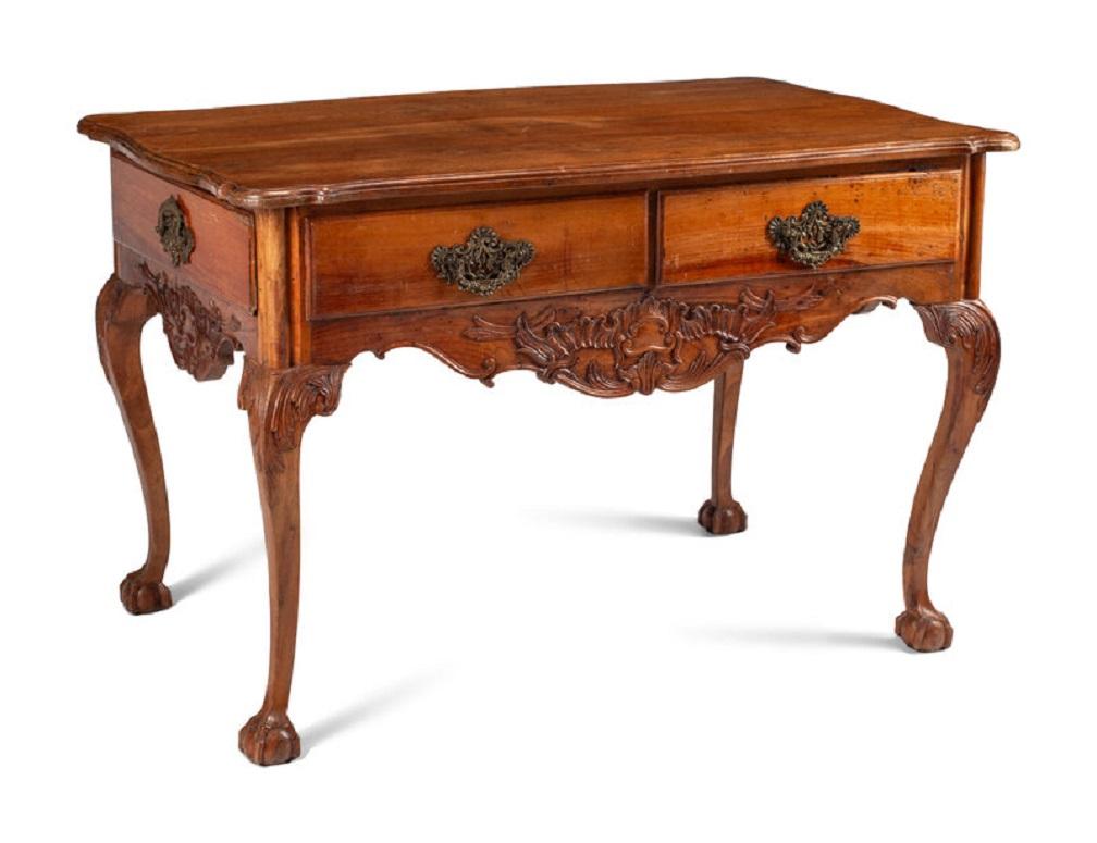 Dutch Carved Walnut Table with Two Drawers, 19th Century In Good Condition For Sale In Savannah, GA
