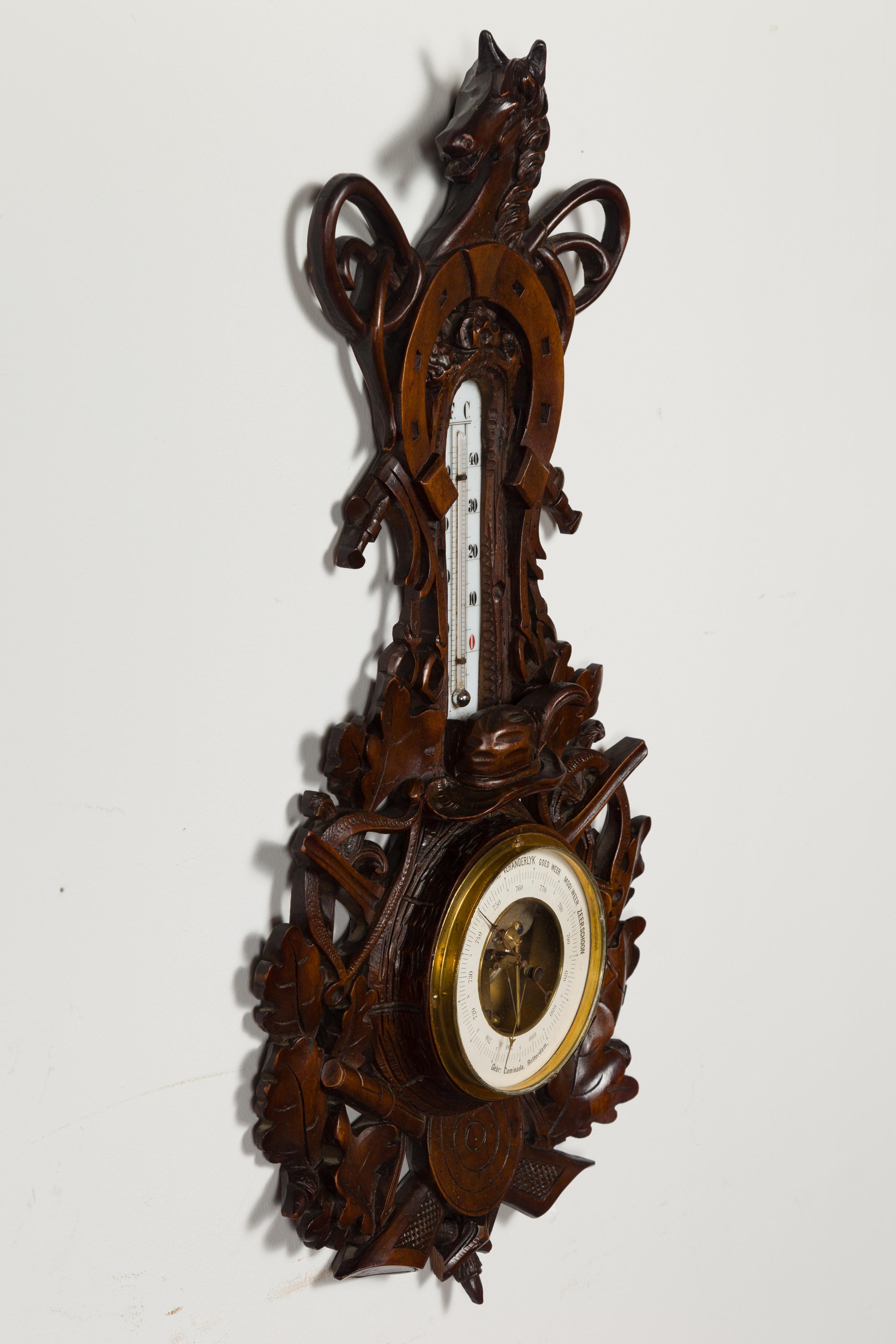 Dutch Carved Wooden Barometer with Horse Motif by Gebroeders Caminada, Rotterdam For Sale 6
