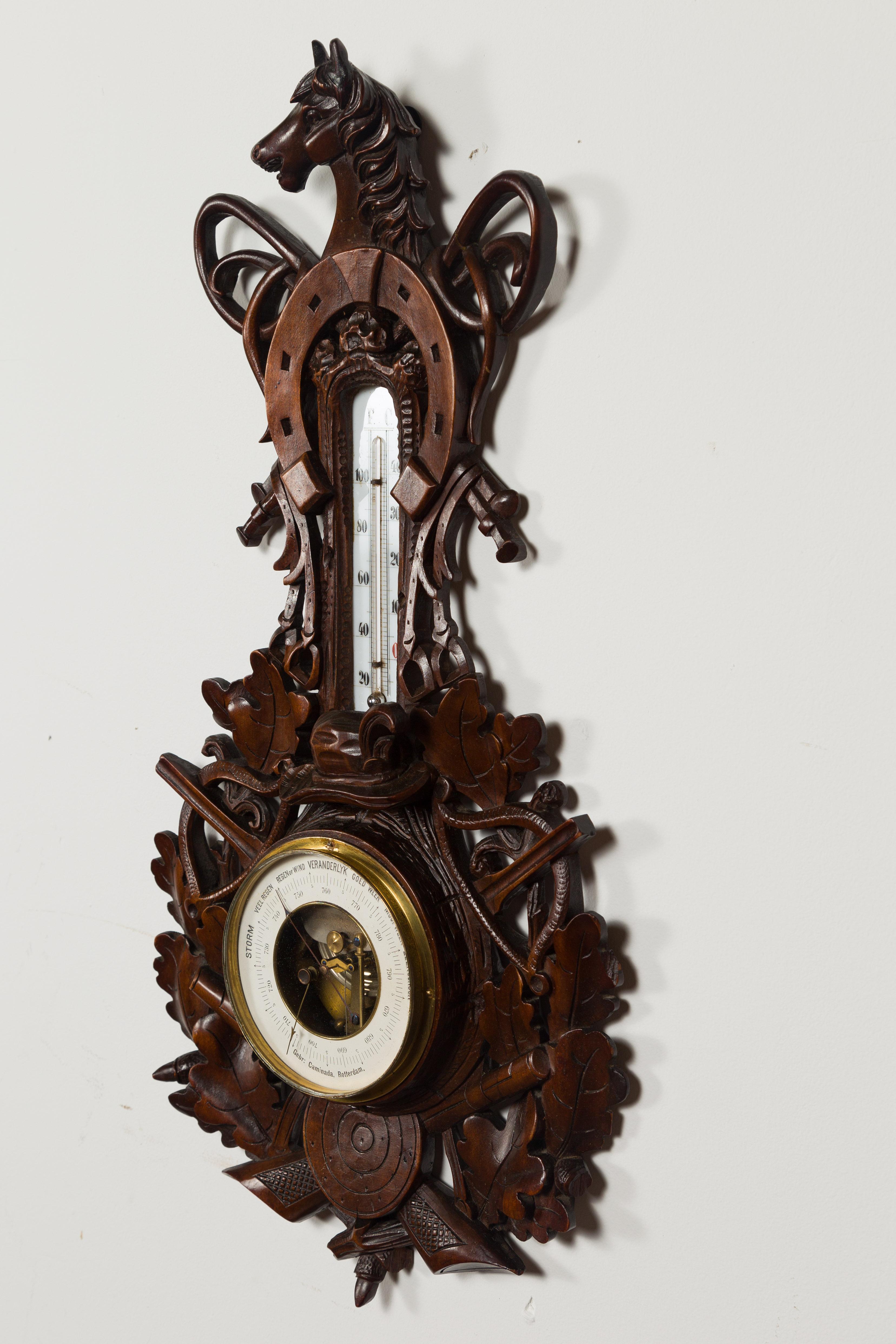 Dutch Carved Wooden Barometer with Horse Motif by Gebroeders Caminada, Rotterdam For Sale 7