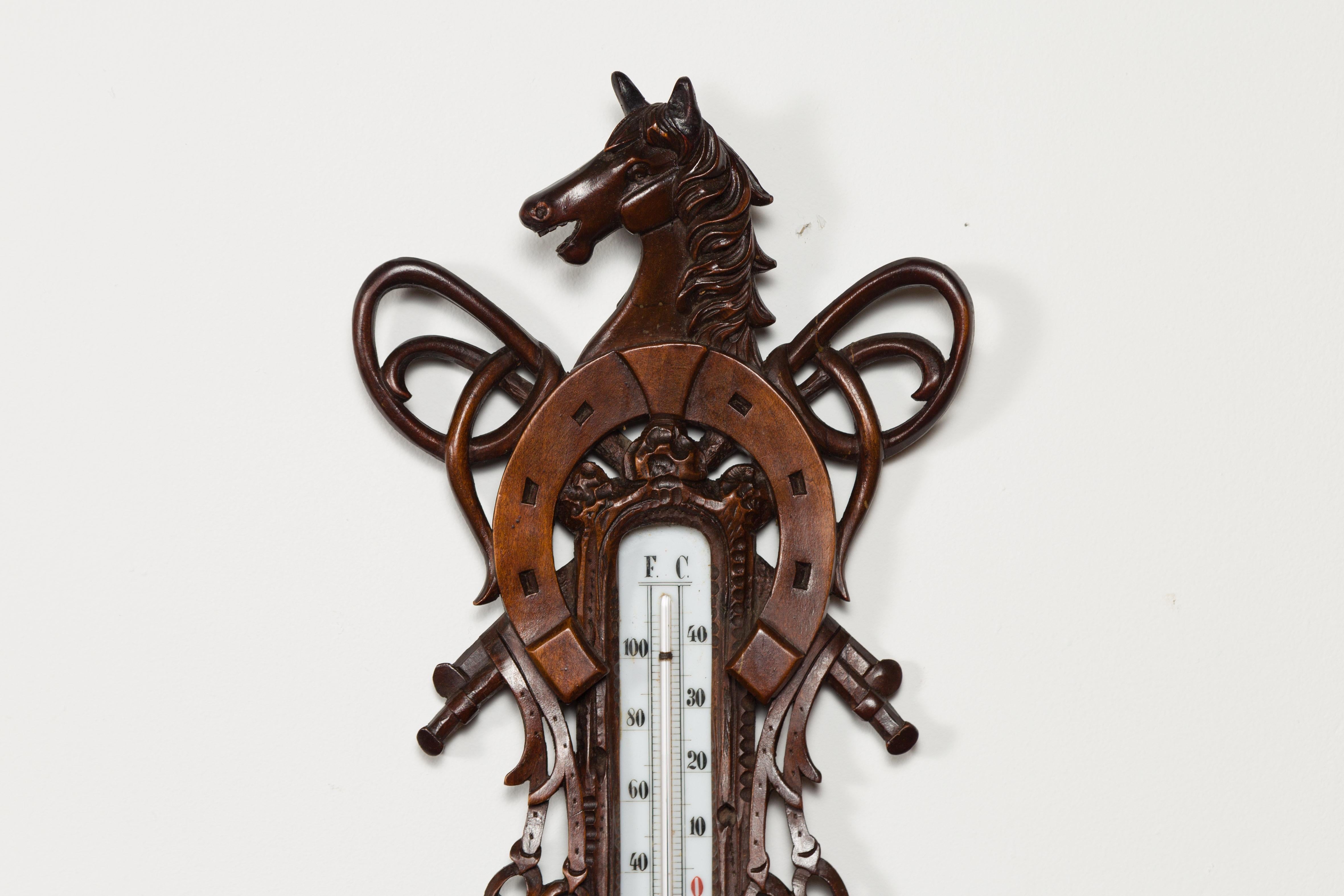 Niederländisches geschnitztes Holzbarometer mit Pferdemotiv von Gebroeders Caminada, Rotterdam (Geschnitzt) im Angebot