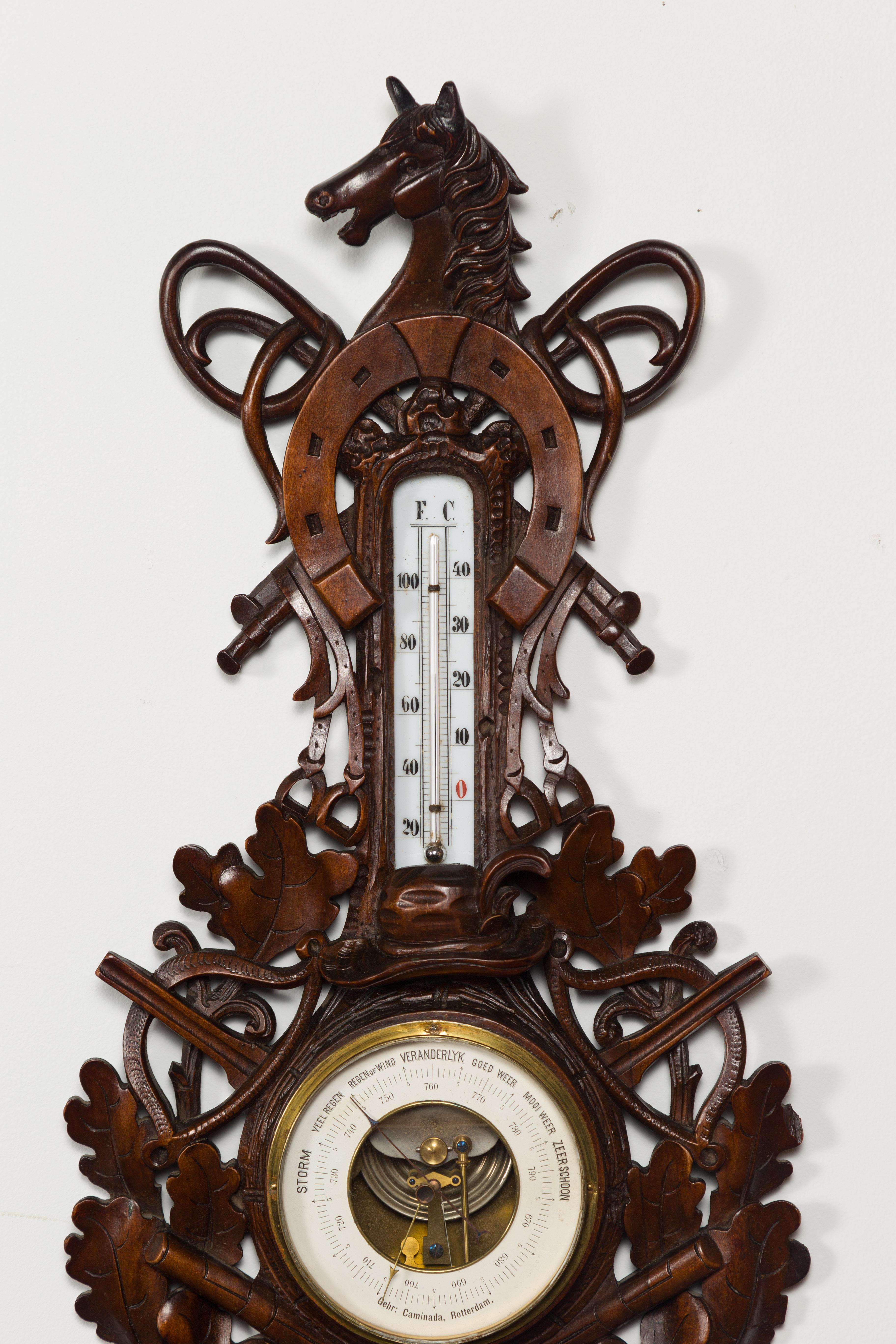 Niederländisches geschnitztes Holzbarometer mit Pferdemotiv von Gebroeders Caminada, Rotterdam im Zustand „Gut“ im Angebot in Atlanta, GA