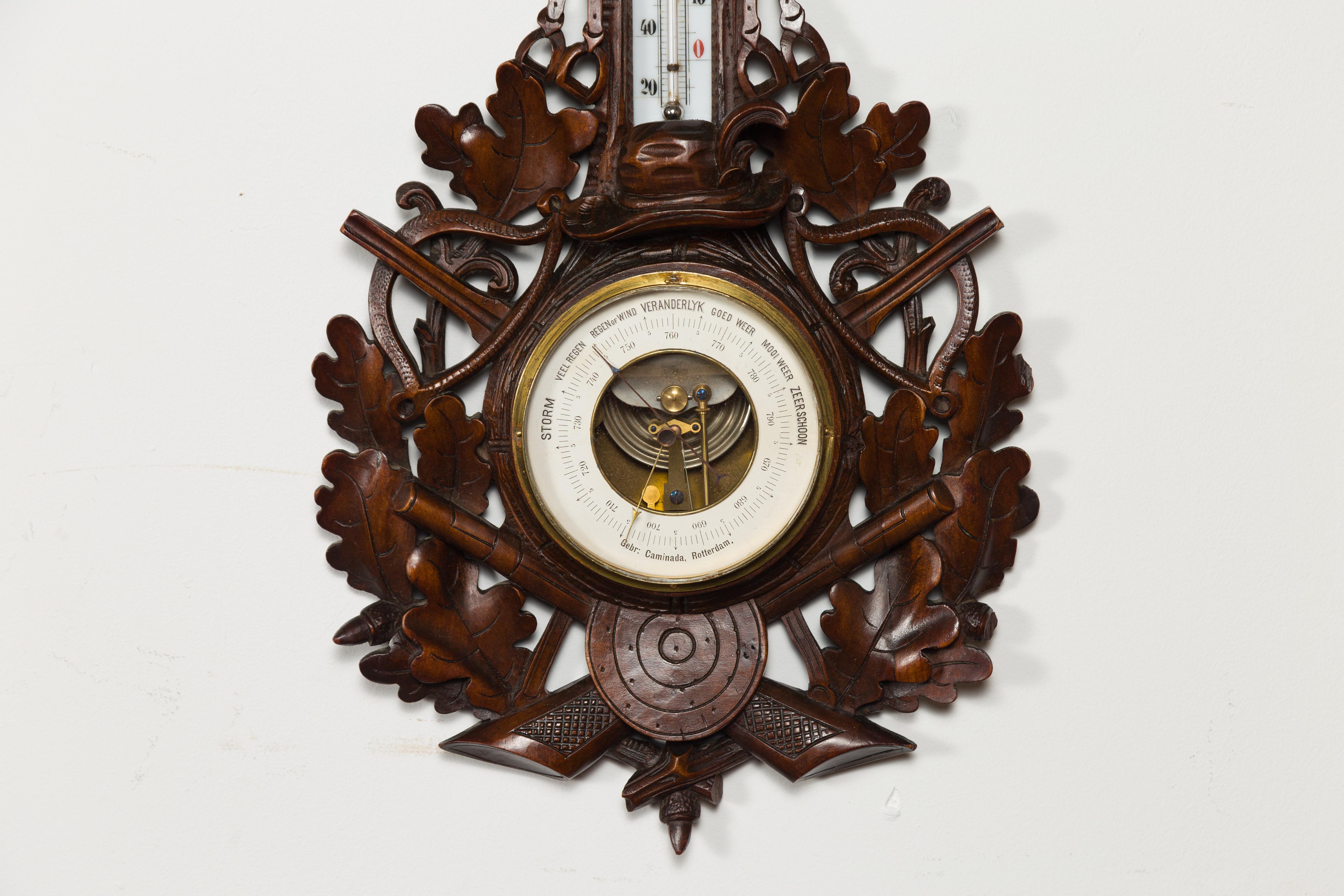 Niederländisches geschnitztes Holzbarometer mit Pferdemotiv von Gebroeders Caminada, Rotterdam (19. Jahrhundert) im Angebot