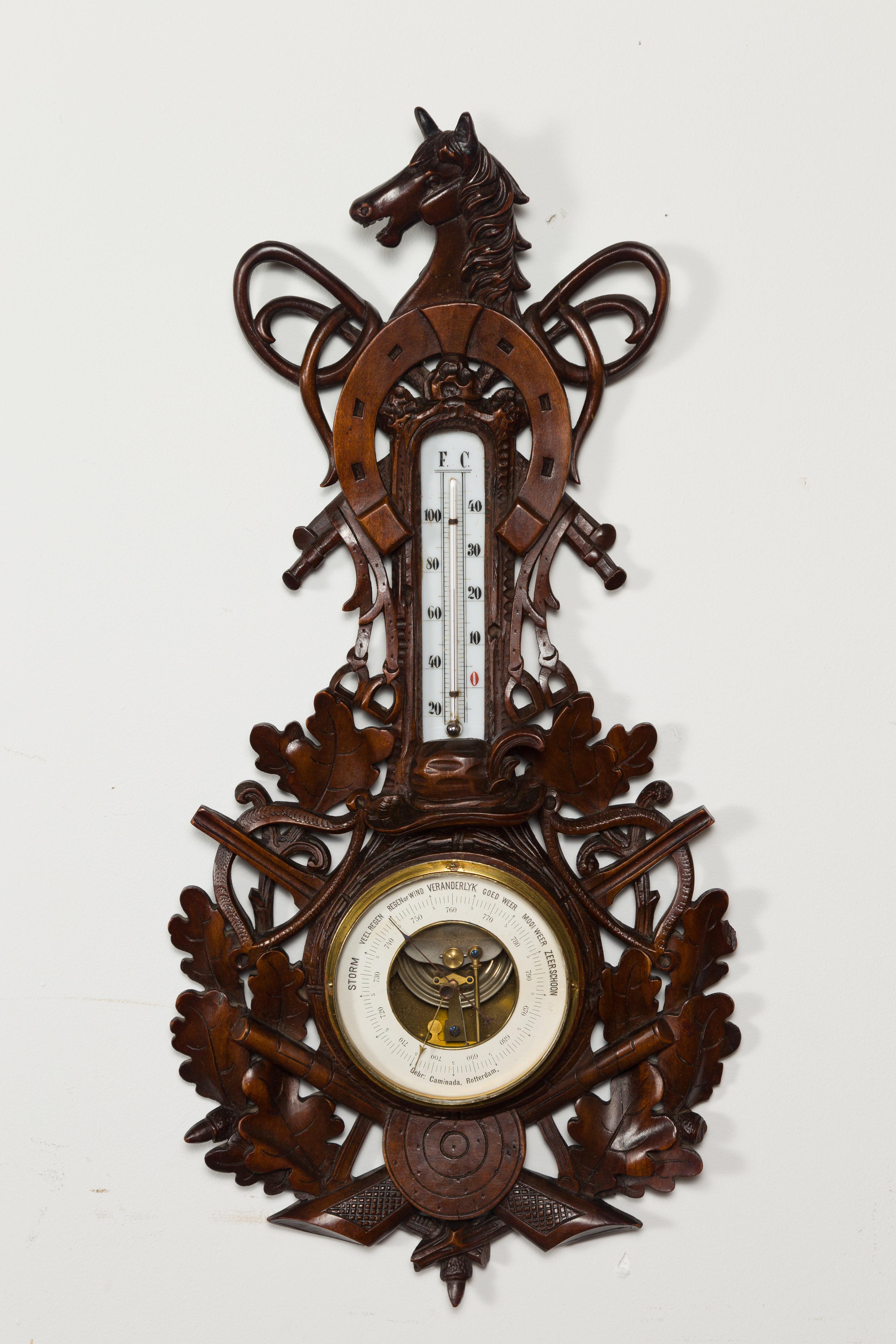 Glass Dutch Carved Wooden Barometer with Horse Motif by Gebroeders Caminada, Rotterdam For Sale