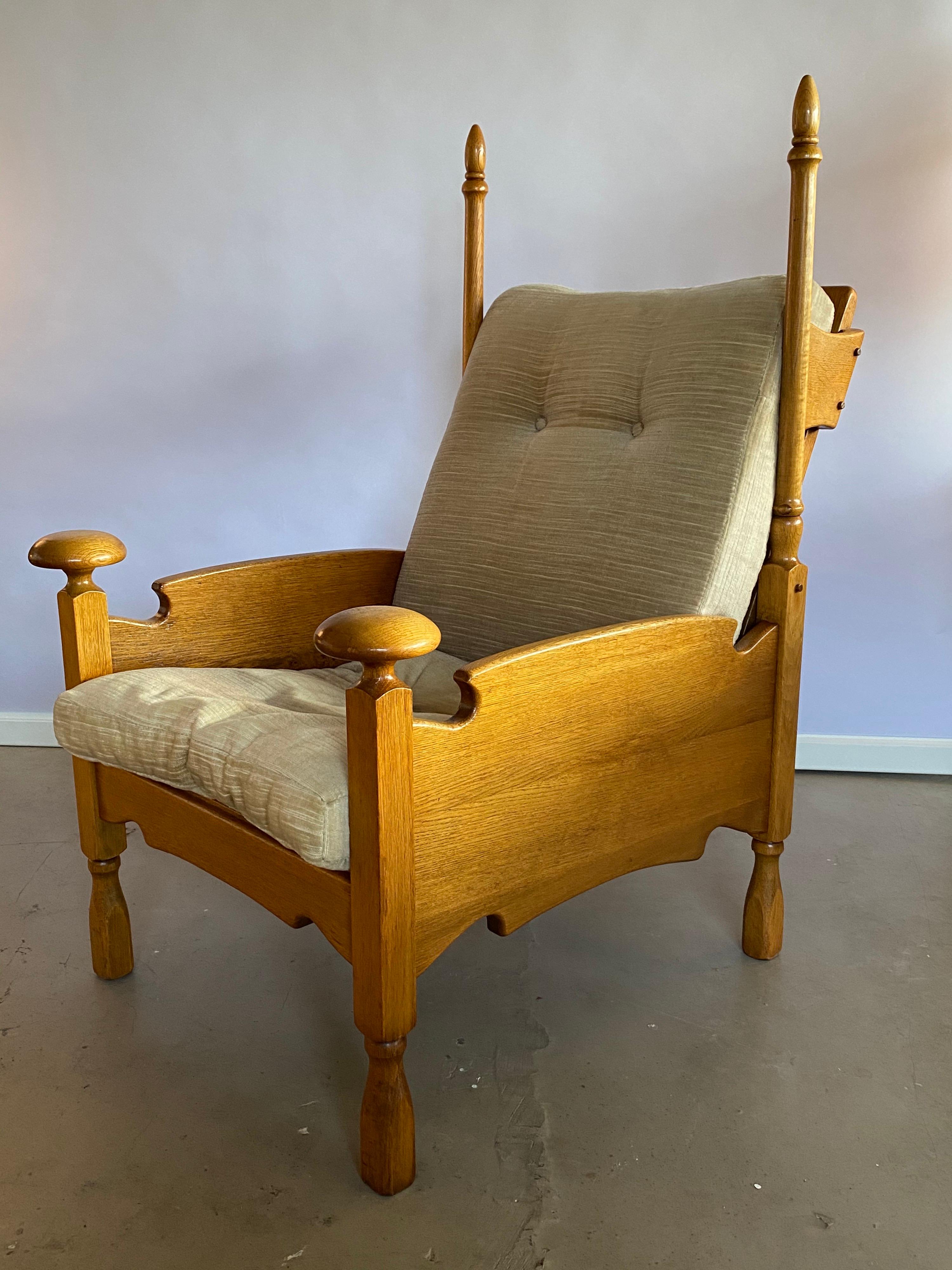 Rare and very unusually shaped light oak lounge chairs - castle model chairs with the arm knobs and the high horn-shaped rods at the back. They have a silvery beige/green velvet-like upholstery (with zippers, so very easy to reupholster) and are