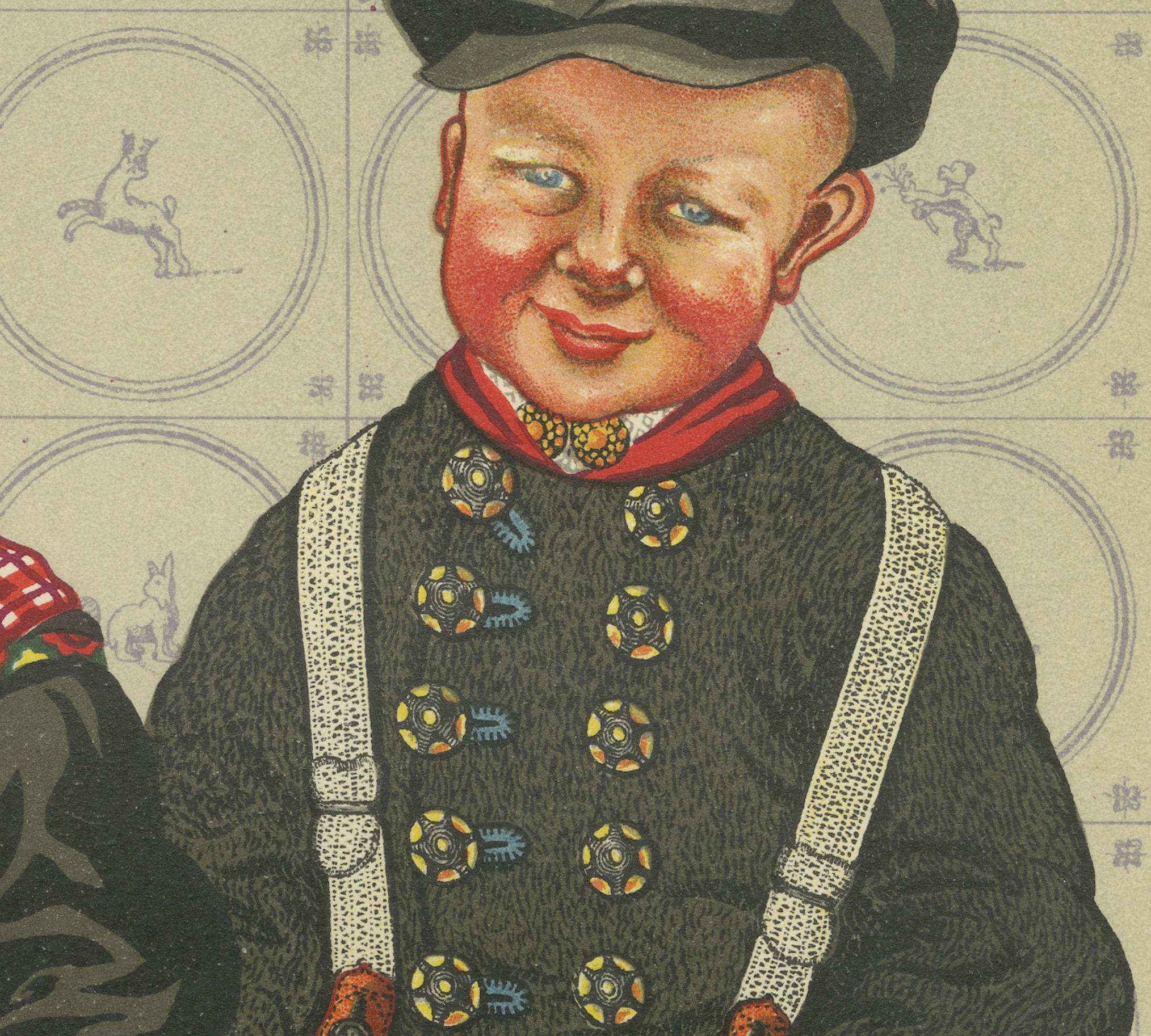 Niederländische Kinder in traditionellem Staphorstkleid mit blauem Delfter Kachelgrund (Papier) im Angebot