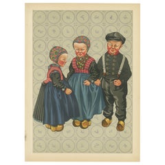 Vintage Dutch Children in Traditional Staphorst Dress with Delfts Blue Tile Background