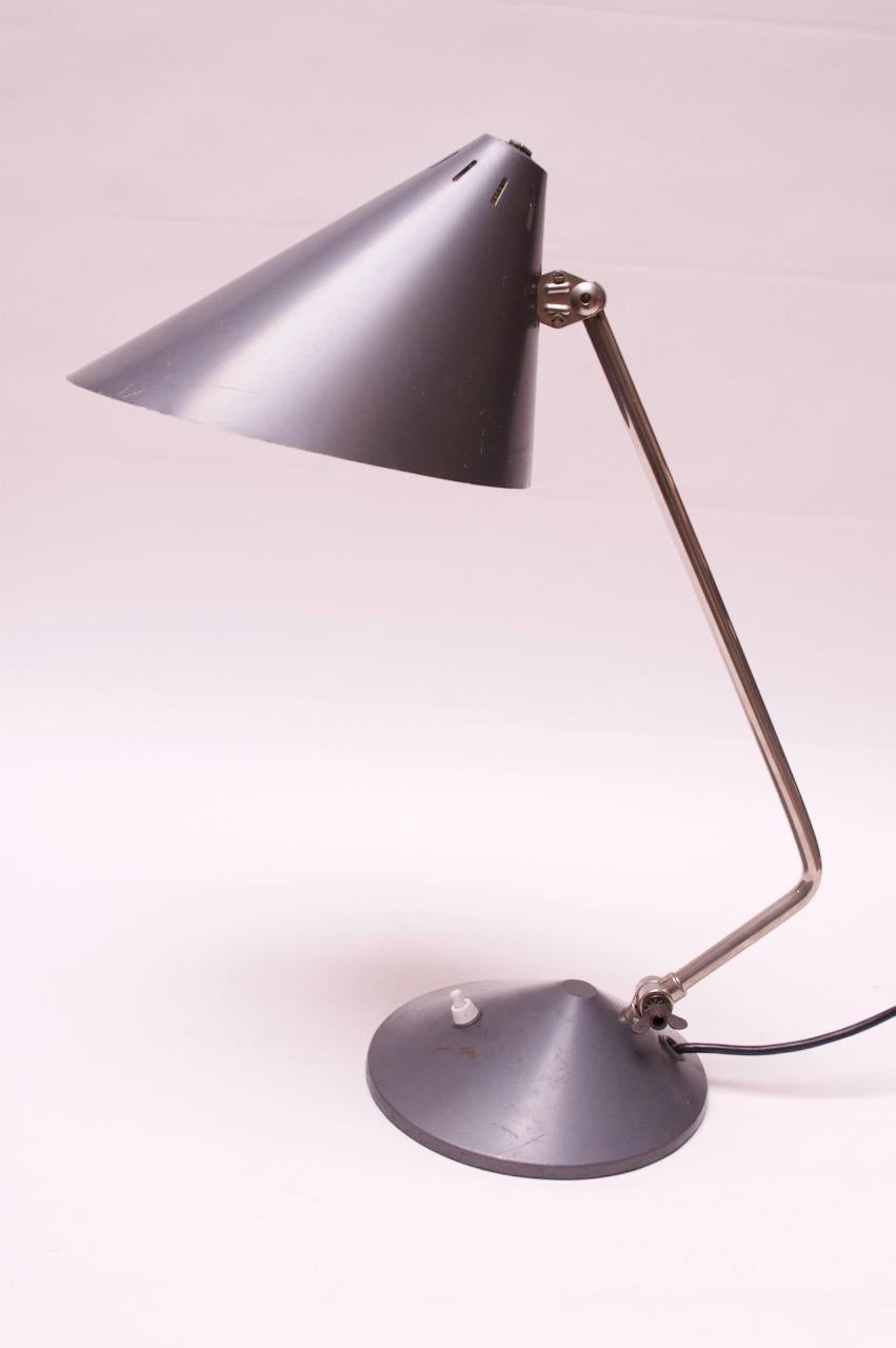 Mid-Century Modern Dutch Chrome and Painted Gray Metal Task Lamp with Oversized Shade by Hala For Sale