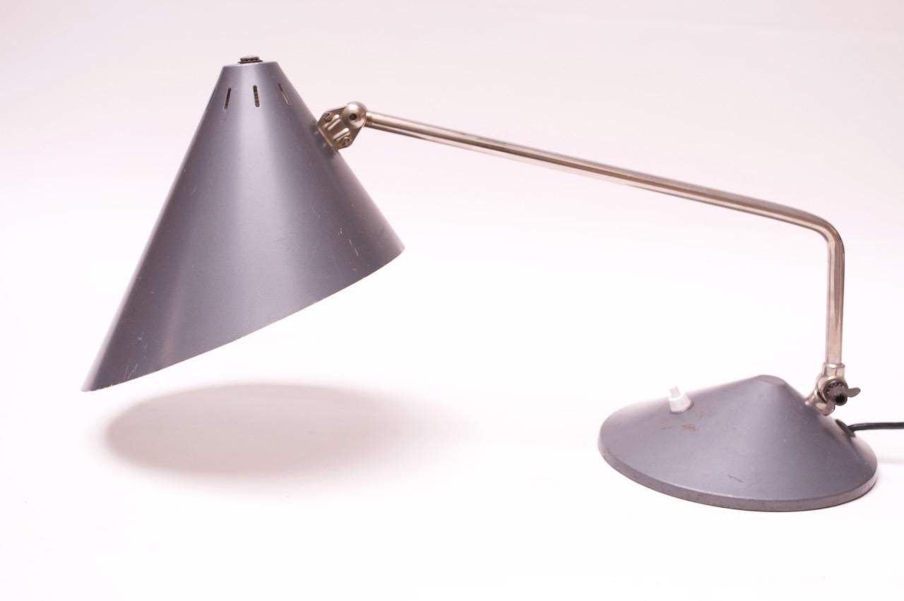 Dutch Chrome and Painted Gray Metal Task Lamp with Oversized Shade by Hala In Good Condition For Sale In Brooklyn, NY