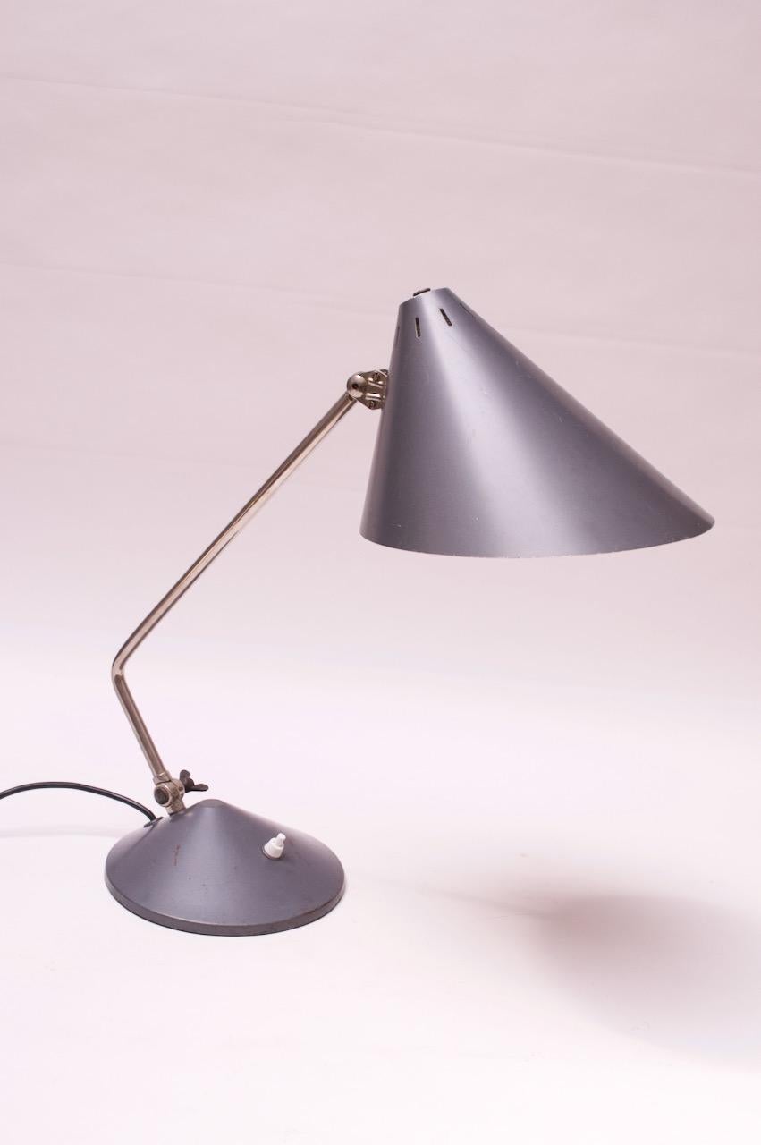 Dutch Chrome and Painted Gray Metal Task Lamp with Oversized Shade by Hala For Sale 4