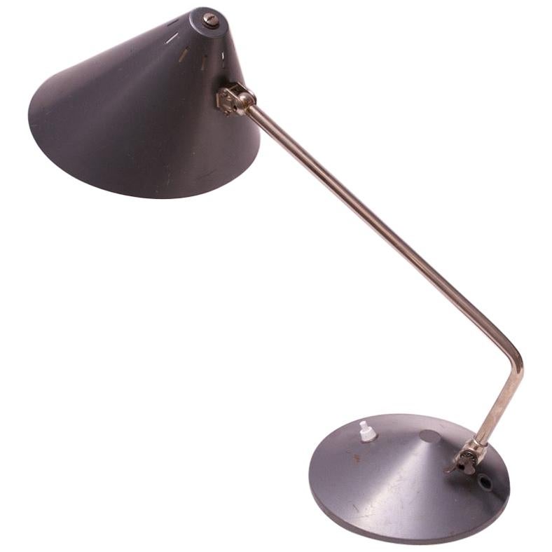 Lampe à pampilles hollandaise en chrome et métal gris peint avec abat-jour surdimensionné par Hala