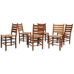 Vintage Set of 6  Dutch Oak and Rush Church Chairs from the Zuiderkerk Enkhuizen 