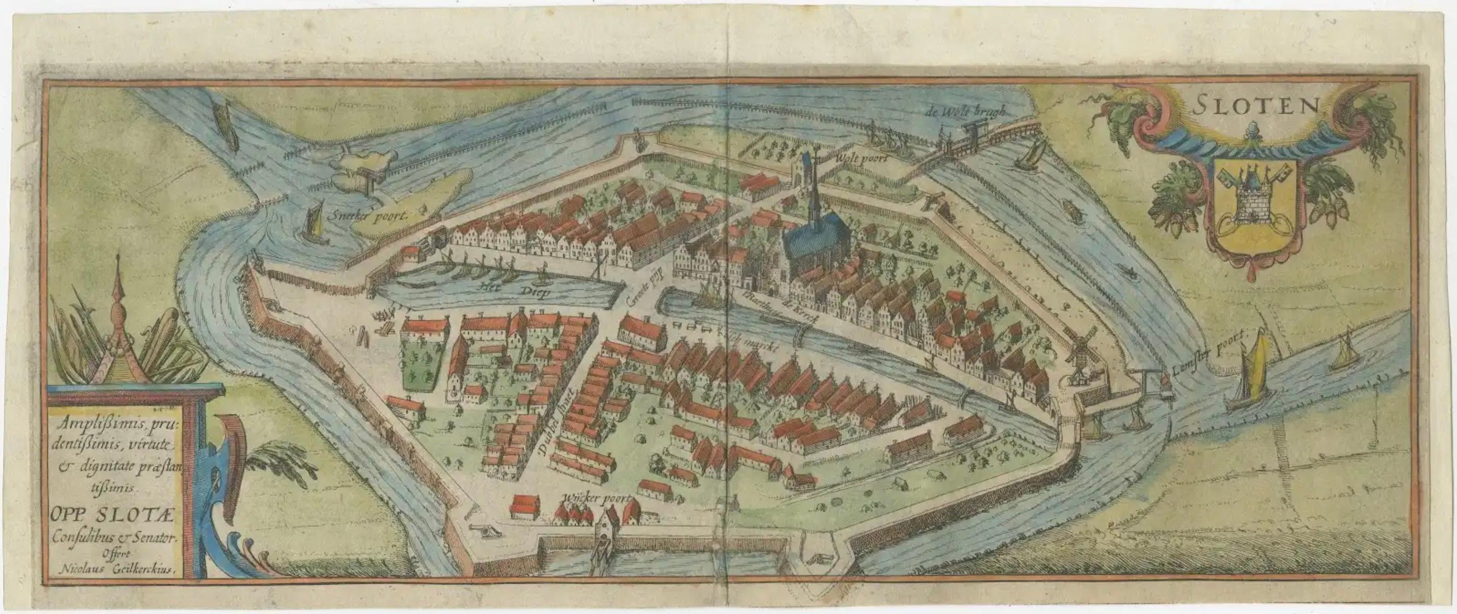 Veduta a volo d'uccello di Sloten in Frisia di Nicolaes van Geelkercken, 1616 ca.

Questa affascinante incisione colorata a mano presenta una veduta a volo d'uccello dell'inizio del XVII secolo della città frisona fortificata di Sloten (Sloten,
