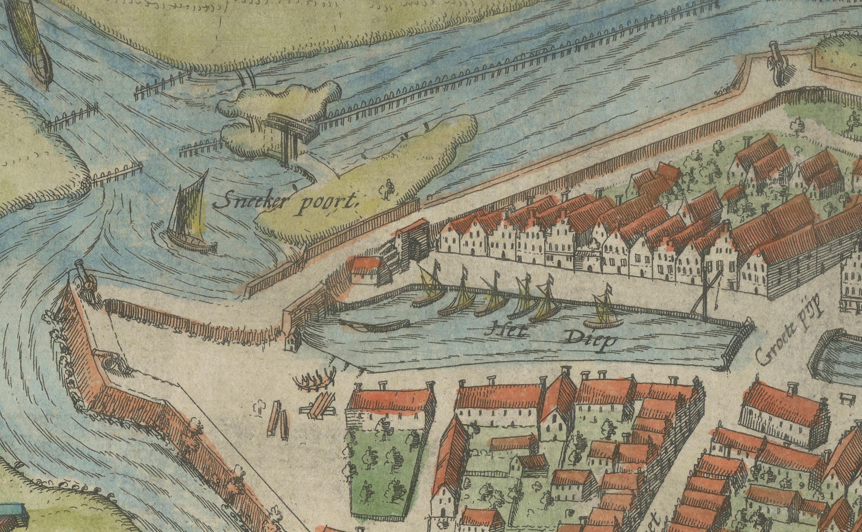 Pianta della città olandese di Sloten in Frisia di N. Van Geelkercken, colorata a mano 1616 In condizioni buone in vendita a Langweer, NL