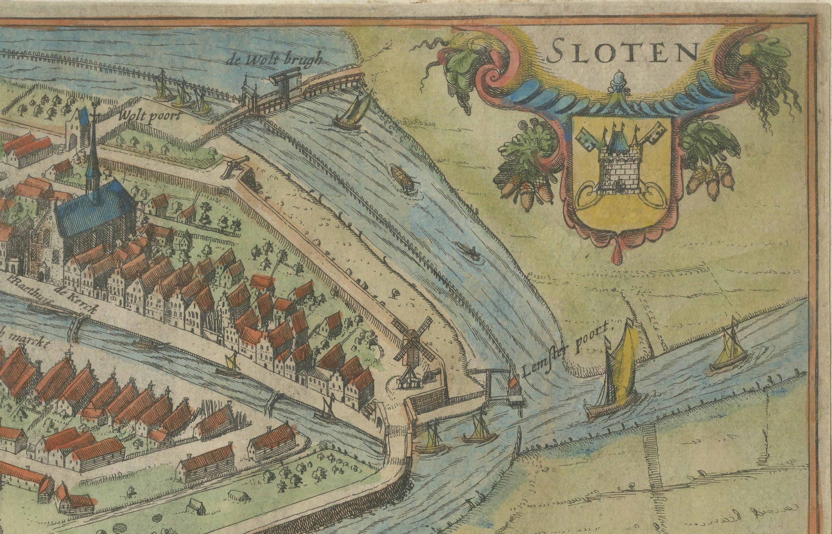 Pianta della città olandese di Sloten in Frisia di N. Van Geelkercken, colorata a mano 1616 in vendita 1