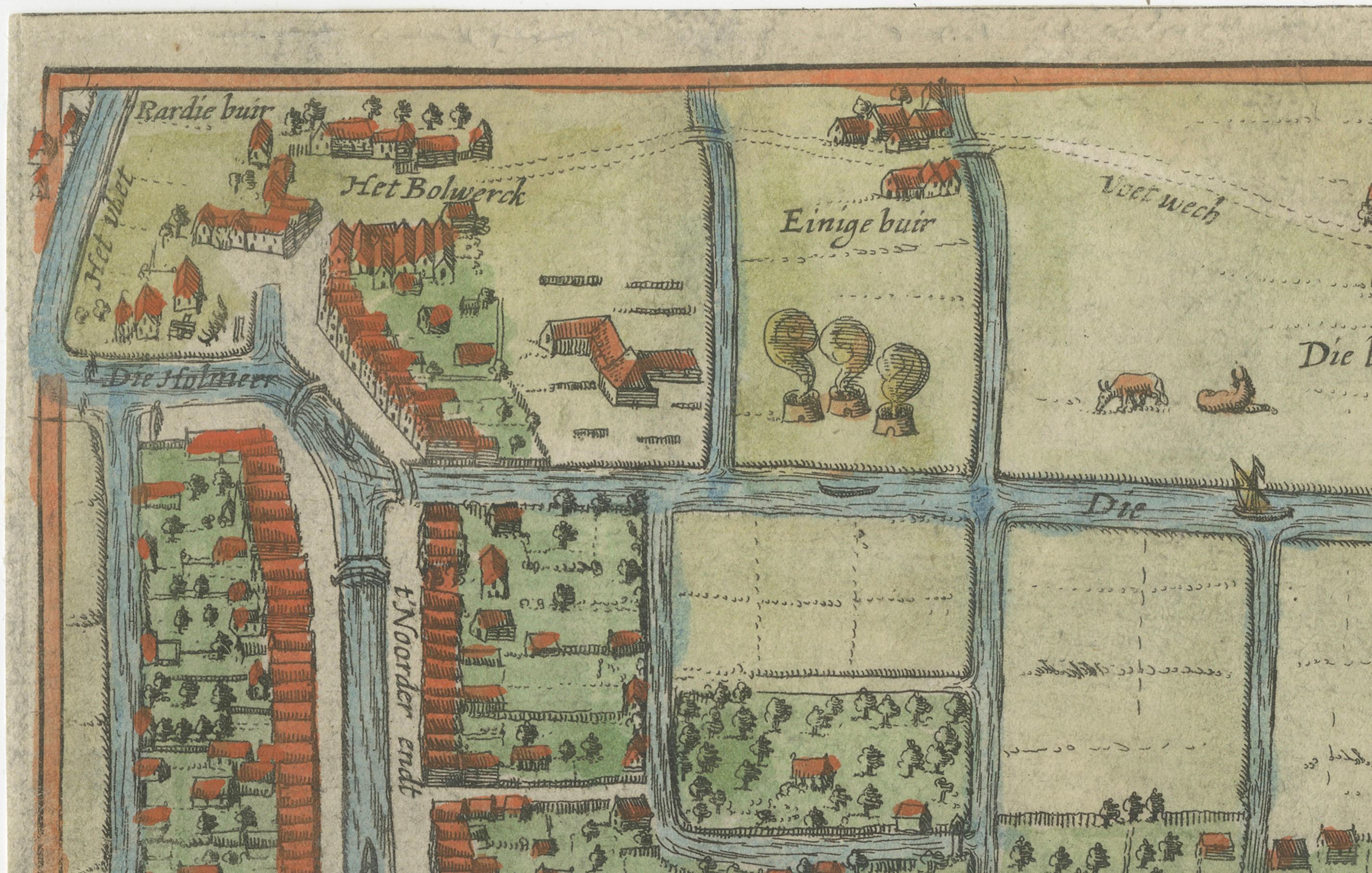 Néerlandais Plan de la ville de Workum dans le Friesland de N. Van Geelkercken, coloré à la main 1616 en vente