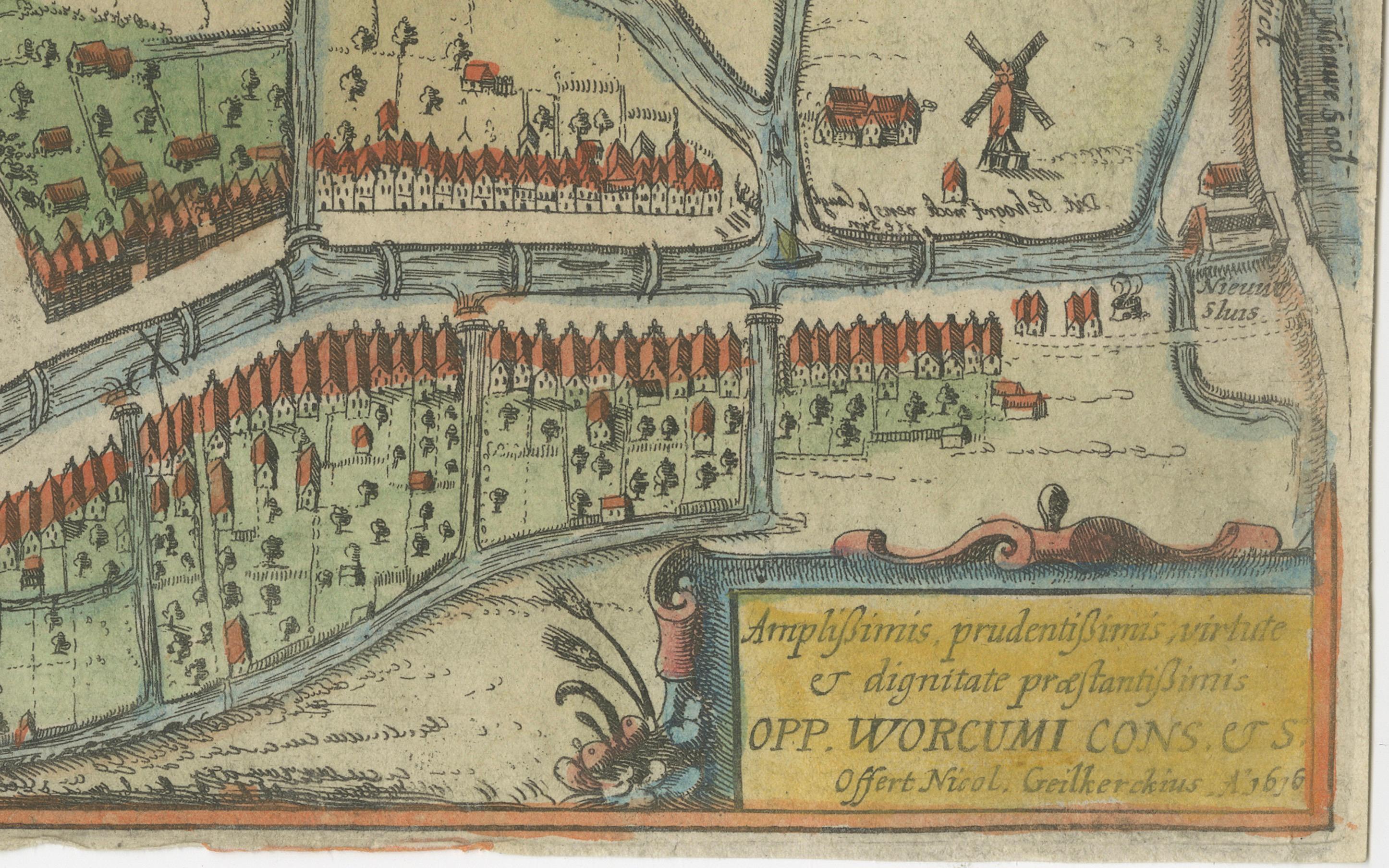 Plan de la ville de Workum dans le Friesland de N. Van Geelkercken, coloré à la main 1616 Bon état - En vente à Langweer, NL