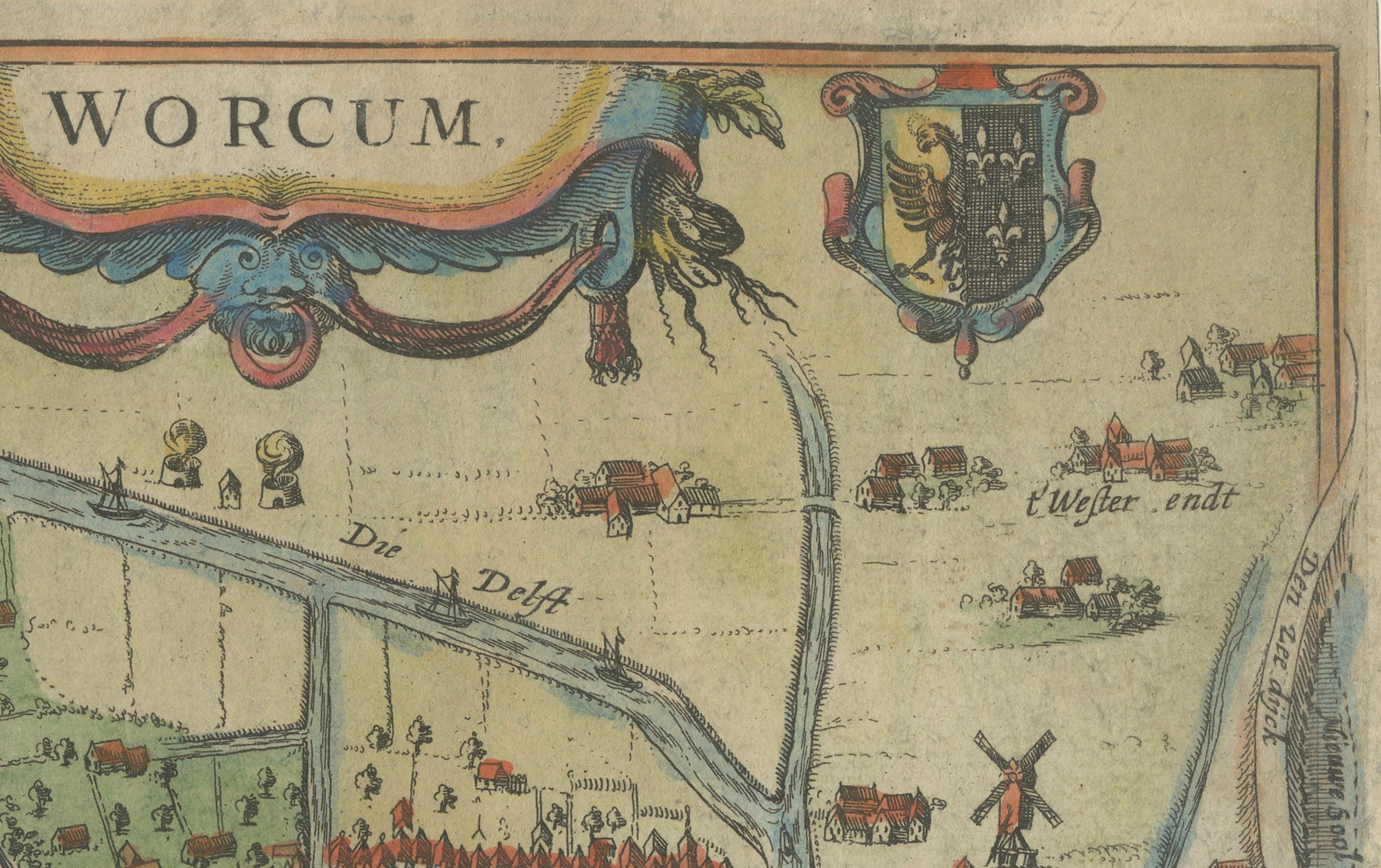 Début du XVIIe siècle Plan de la ville de Workum dans le Friesland de N. Van Geelkercken, coloré à la main 1616 en vente