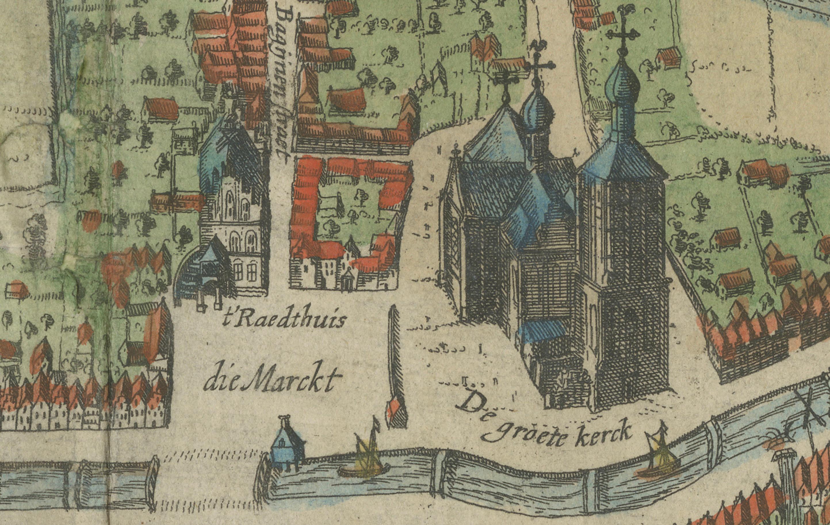 Papier Plan de la ville de Workum dans le Friesland de N. Van Geelkercken, coloré à la main 1616 en vente