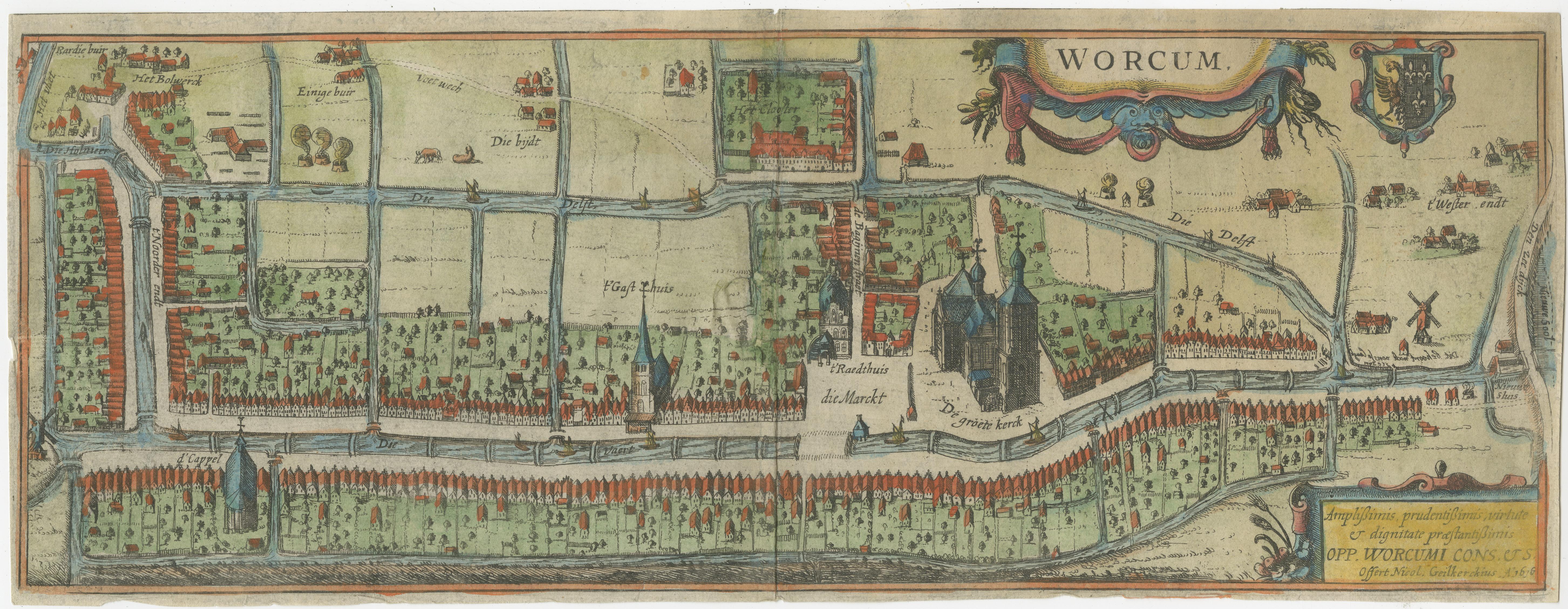 Plan de la ville de Workum dans le Friesland de N. Van Geelkercken, coloré à la main 1616 en vente 1