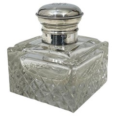 Encrier hollandais en cristal clair avec encrier en argent, milieu du 20e siècle