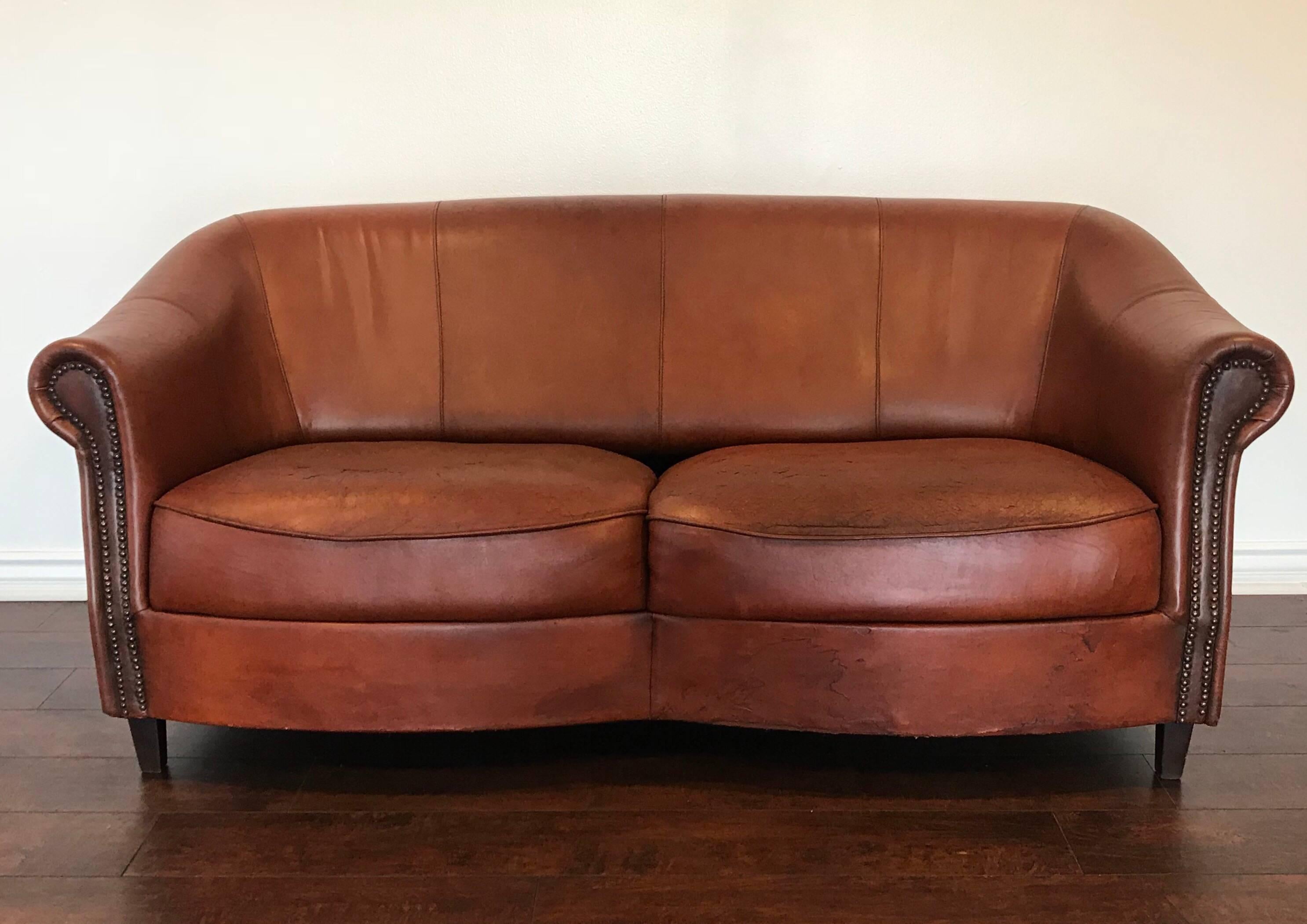 Art Deco Dutch Cognac Leather Cigar Sofa