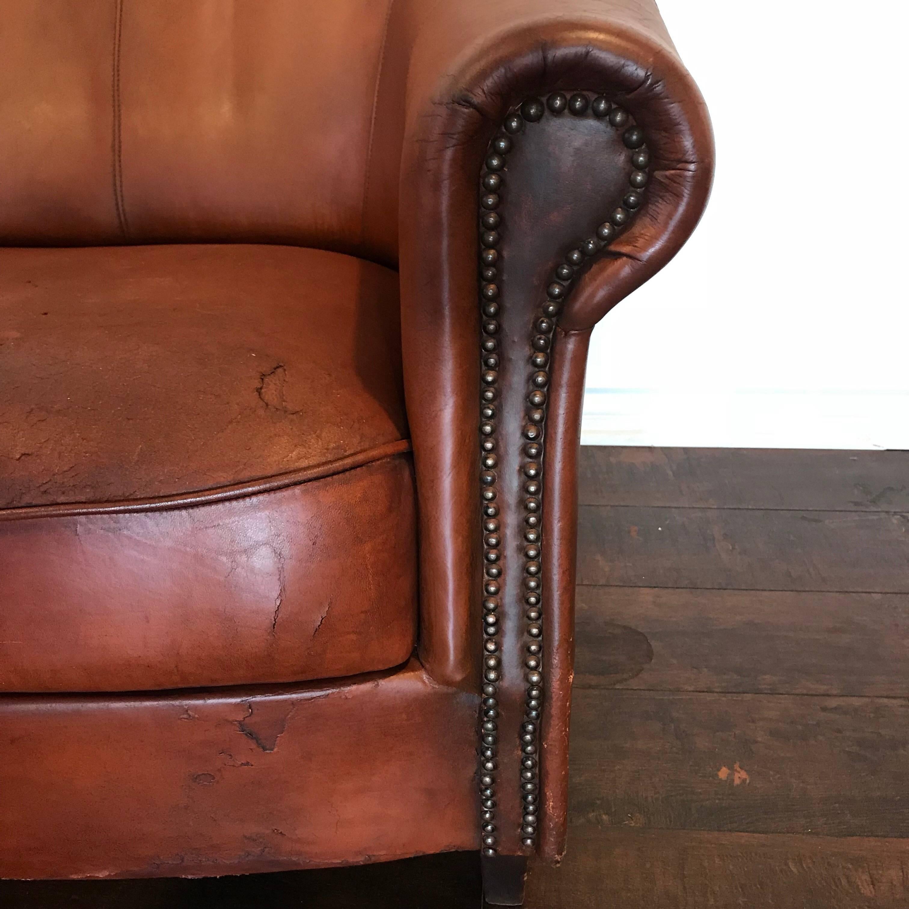 Dutch Cognac Leather Cigar Sofa In Good Condition In New York, NY