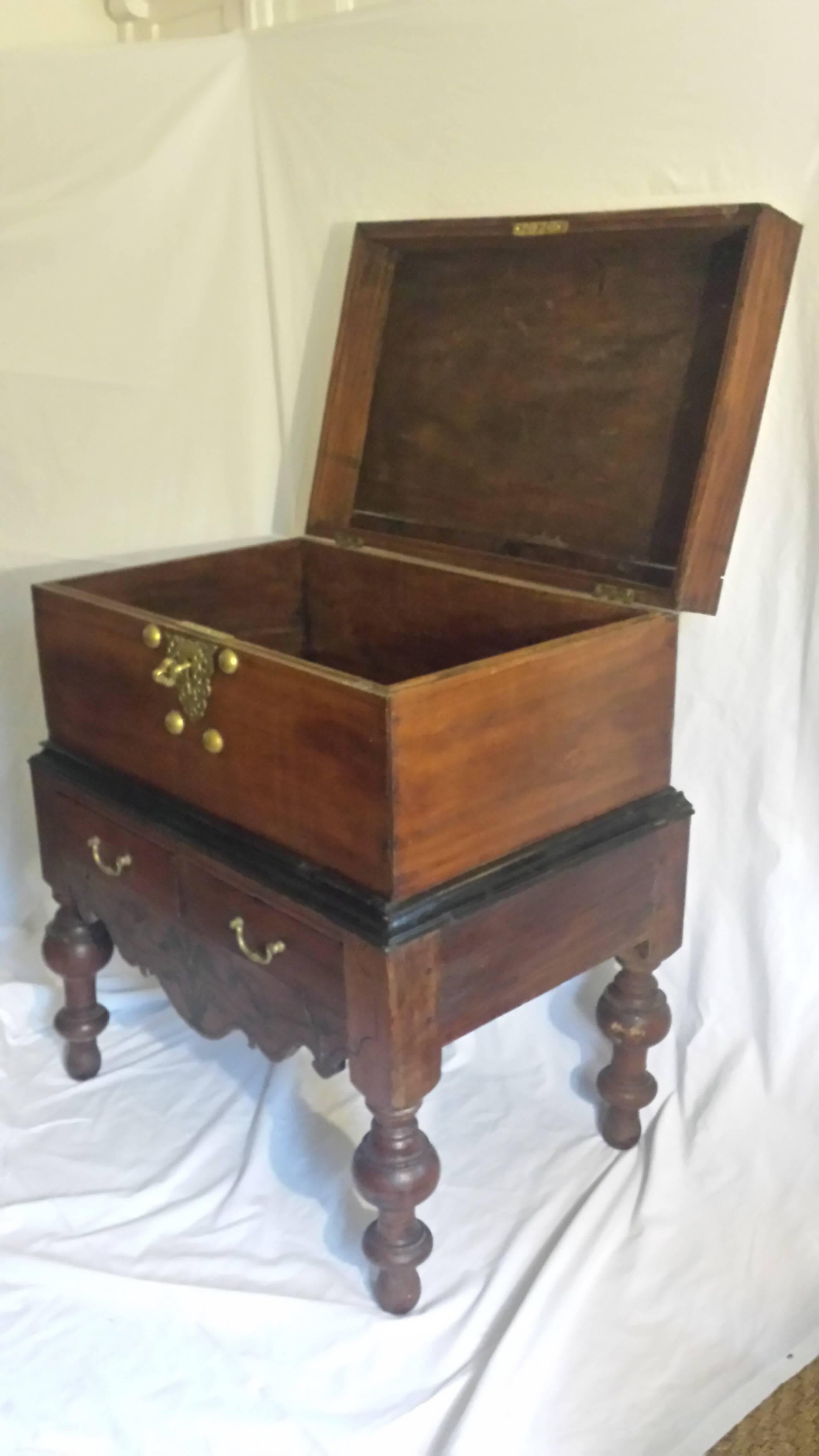 Dutch Colonial, Ceylonese, chest on stand, Sri Lanka, circa 1890.
Chest with original brass hardware. The top chest can be removed and used separately from the stand. The stand with beautiful ebony banding and inlay detailing just below two drawers