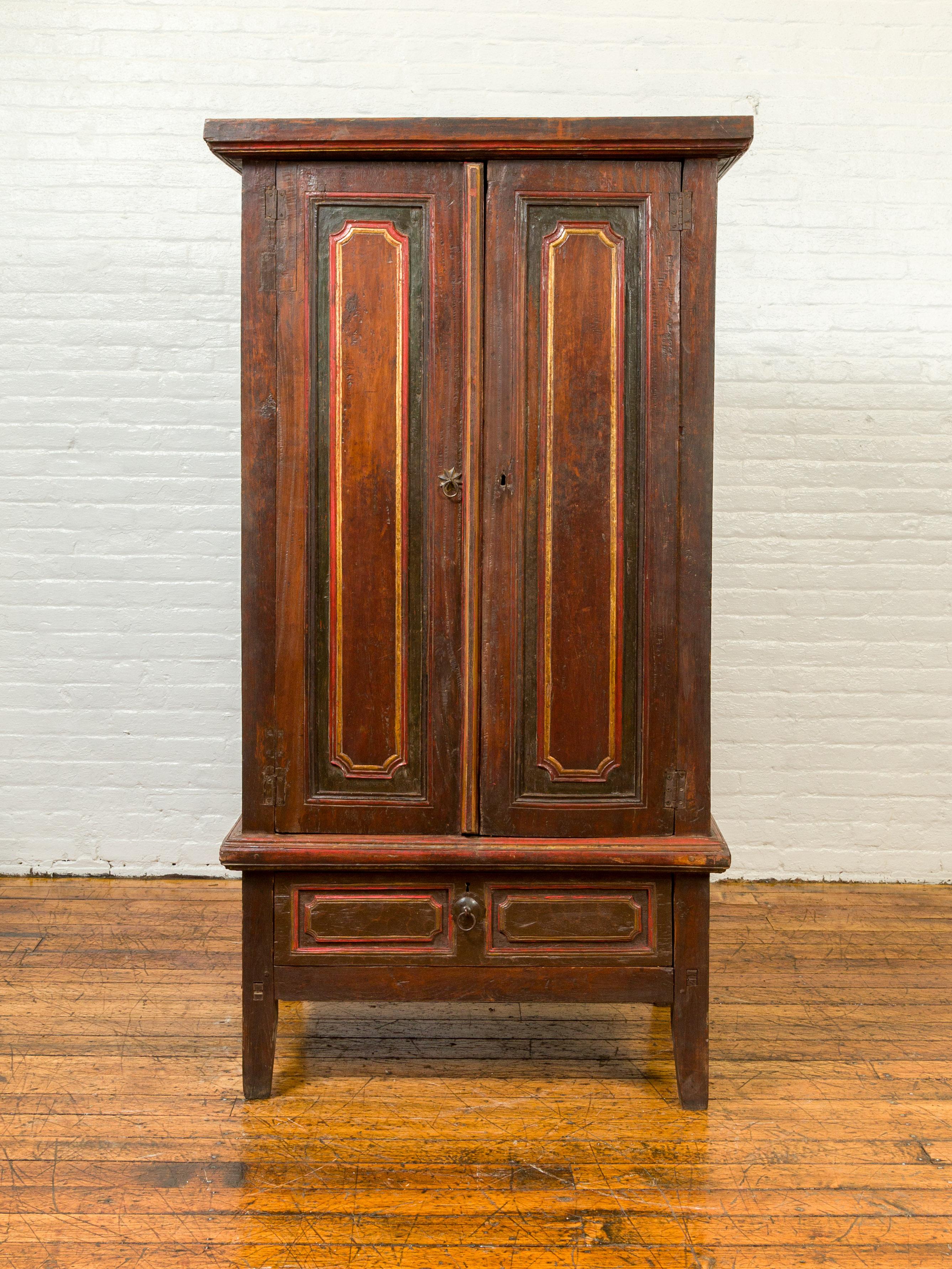 Indonesian Dutch Colonial 19th Century Cabinet with Polychrome Finish and Carved Sides