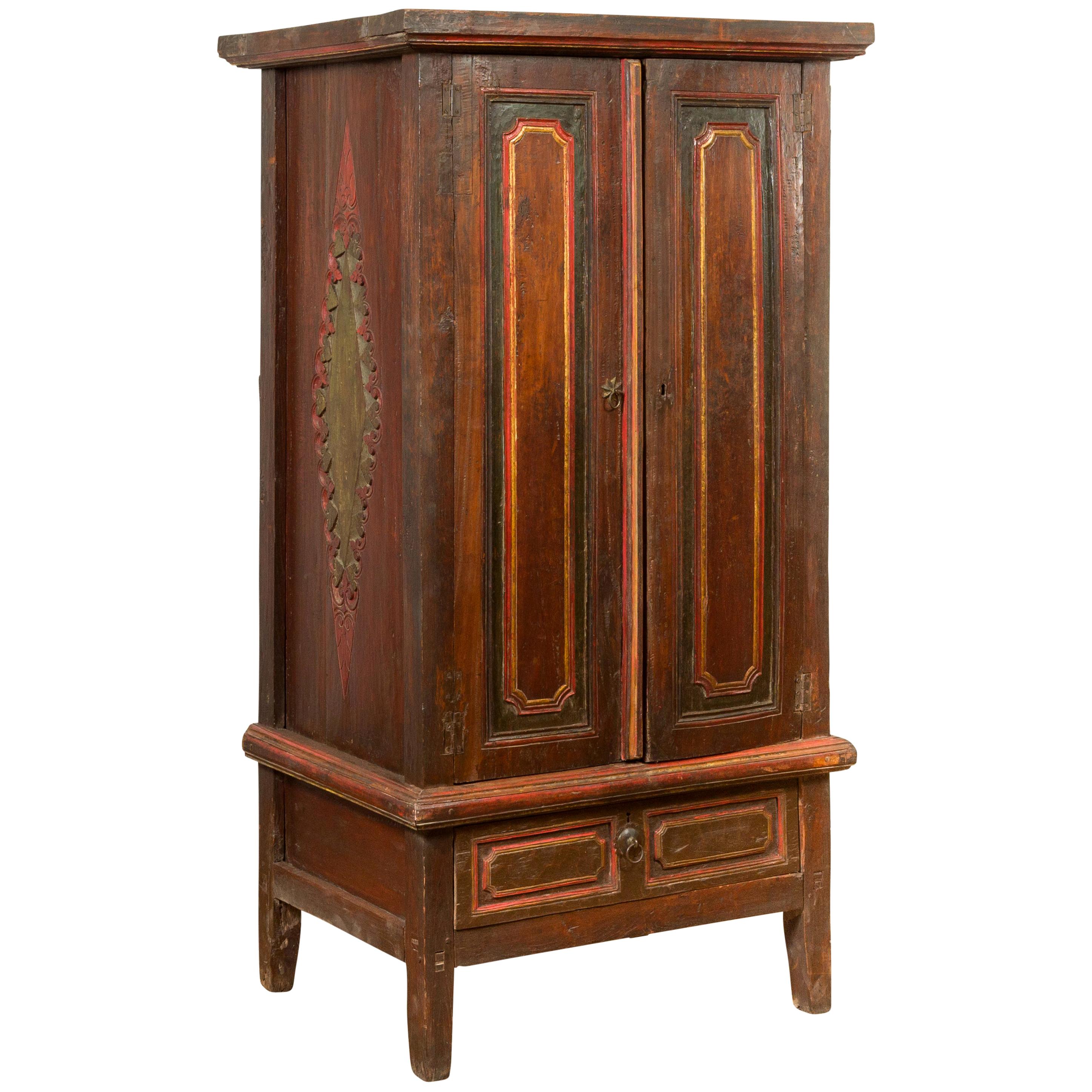 Dutch Colonial 19th Century Cabinet with Polychrome Finish and Carved Sides