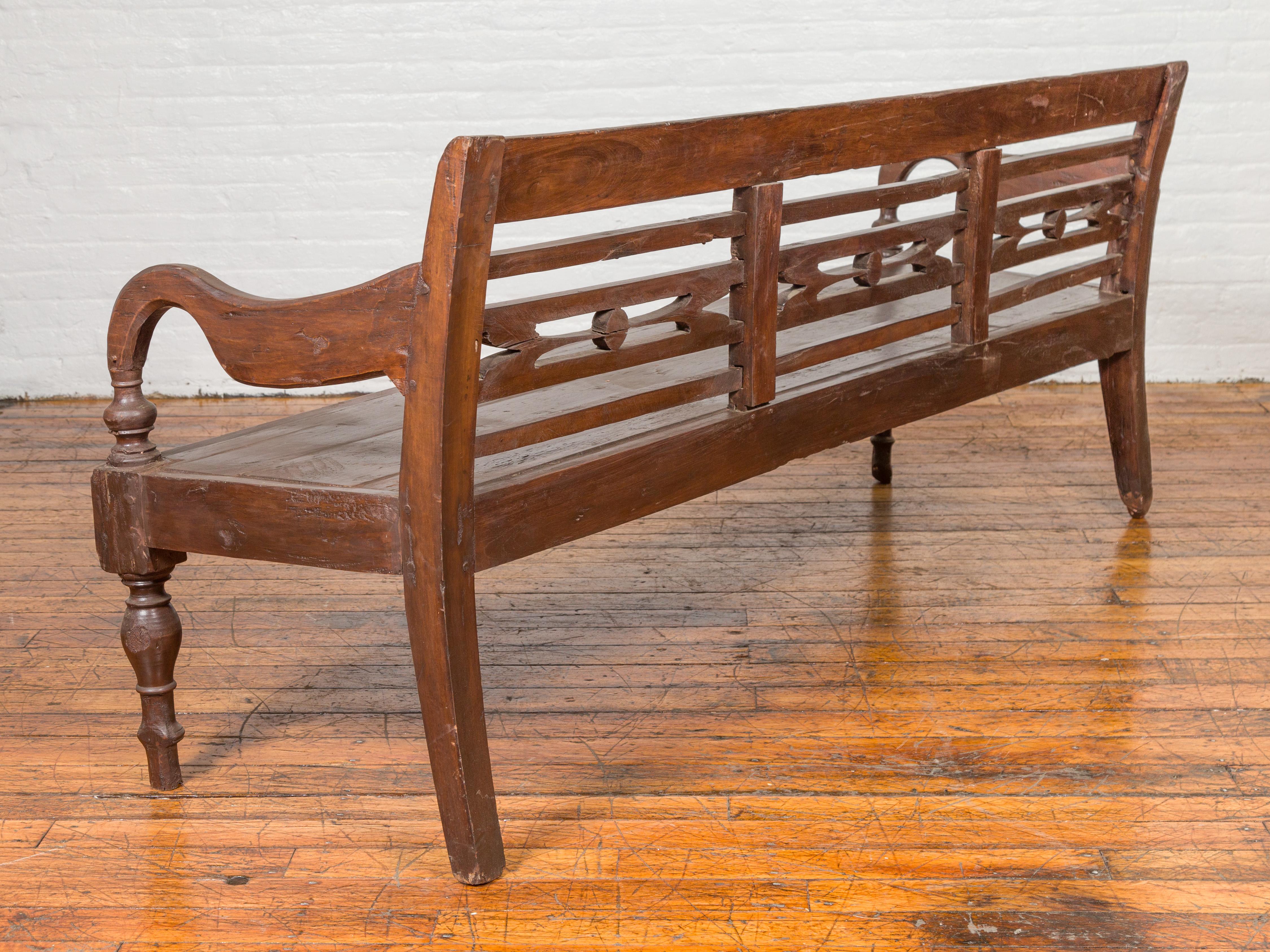 Dutch Colonial 19th Century Teak Bench with Pierced Back and Scrolling Arms 6