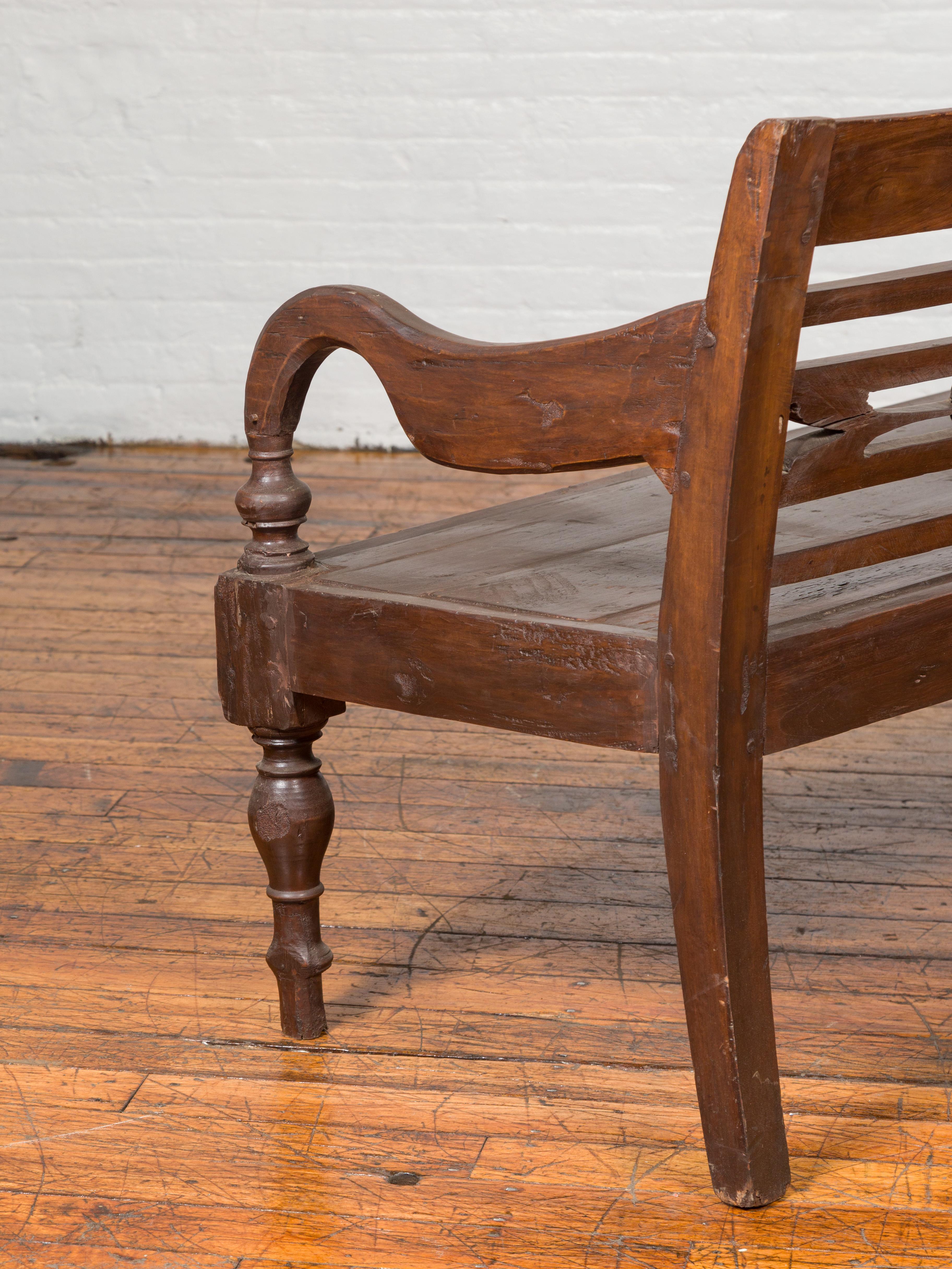 Dutch Colonial 19th Century Teak Bench with Pierced Back and Scrolling Arms 7