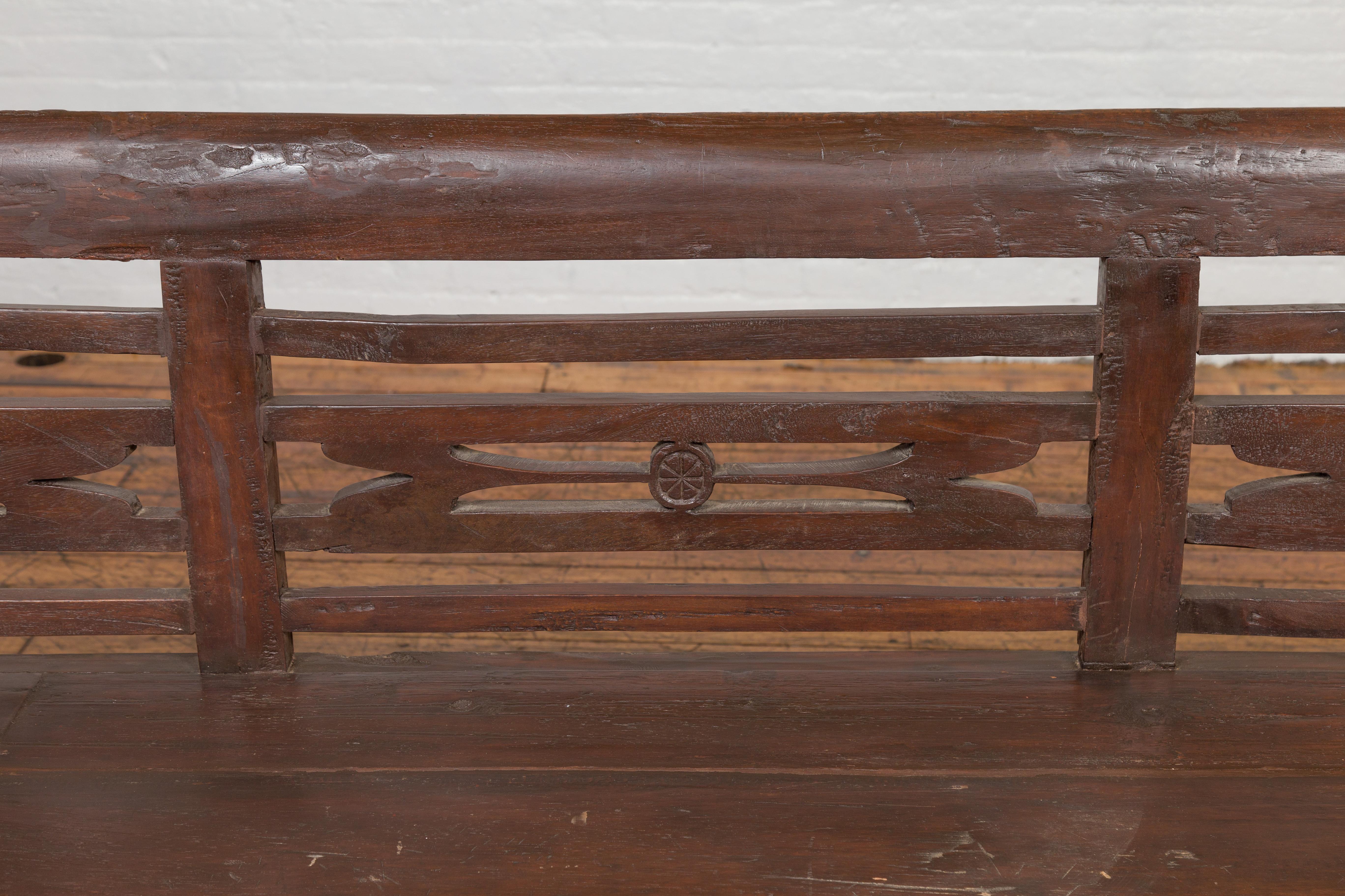 Turned Dutch Colonial 19th Century Teak Bench with Pierced Back and Scrolling Arms