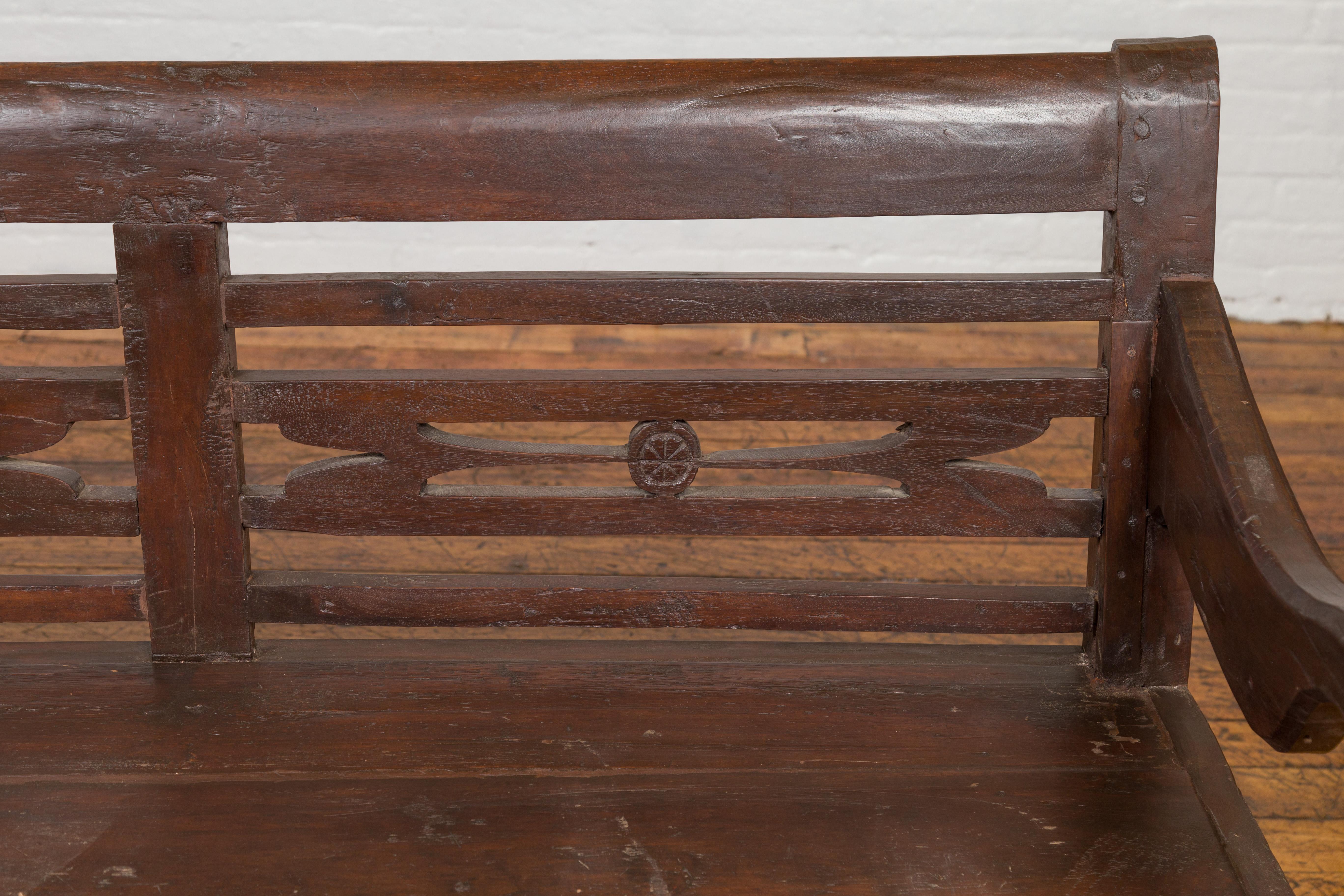 Dutch Colonial 19th Century Teak Bench with Pierced Back and Scrolling Arms In Good Condition In Yonkers, NY