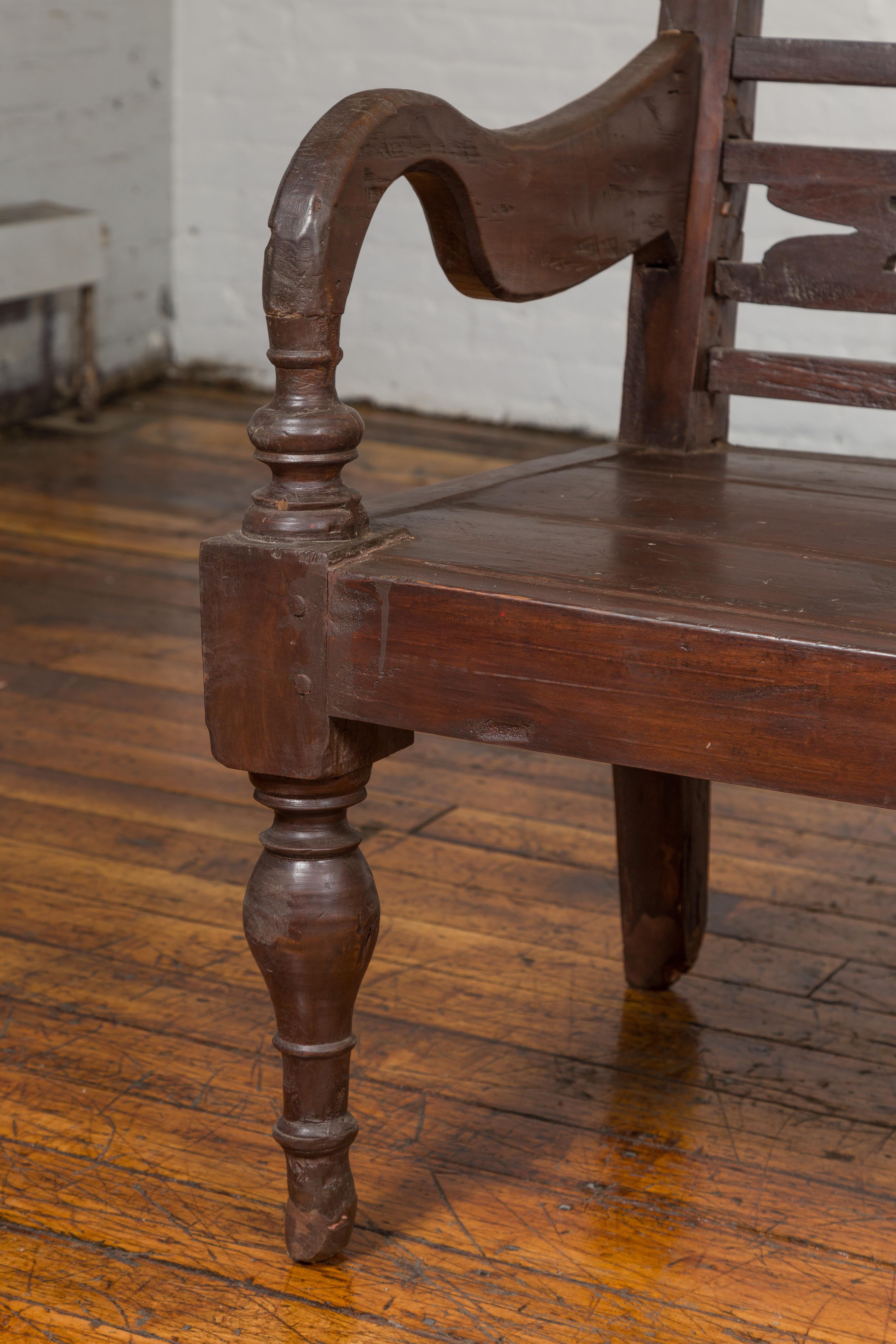 Dutch Colonial 19th Century Teak Bench with Pierced Back and Scrolling Arms 1