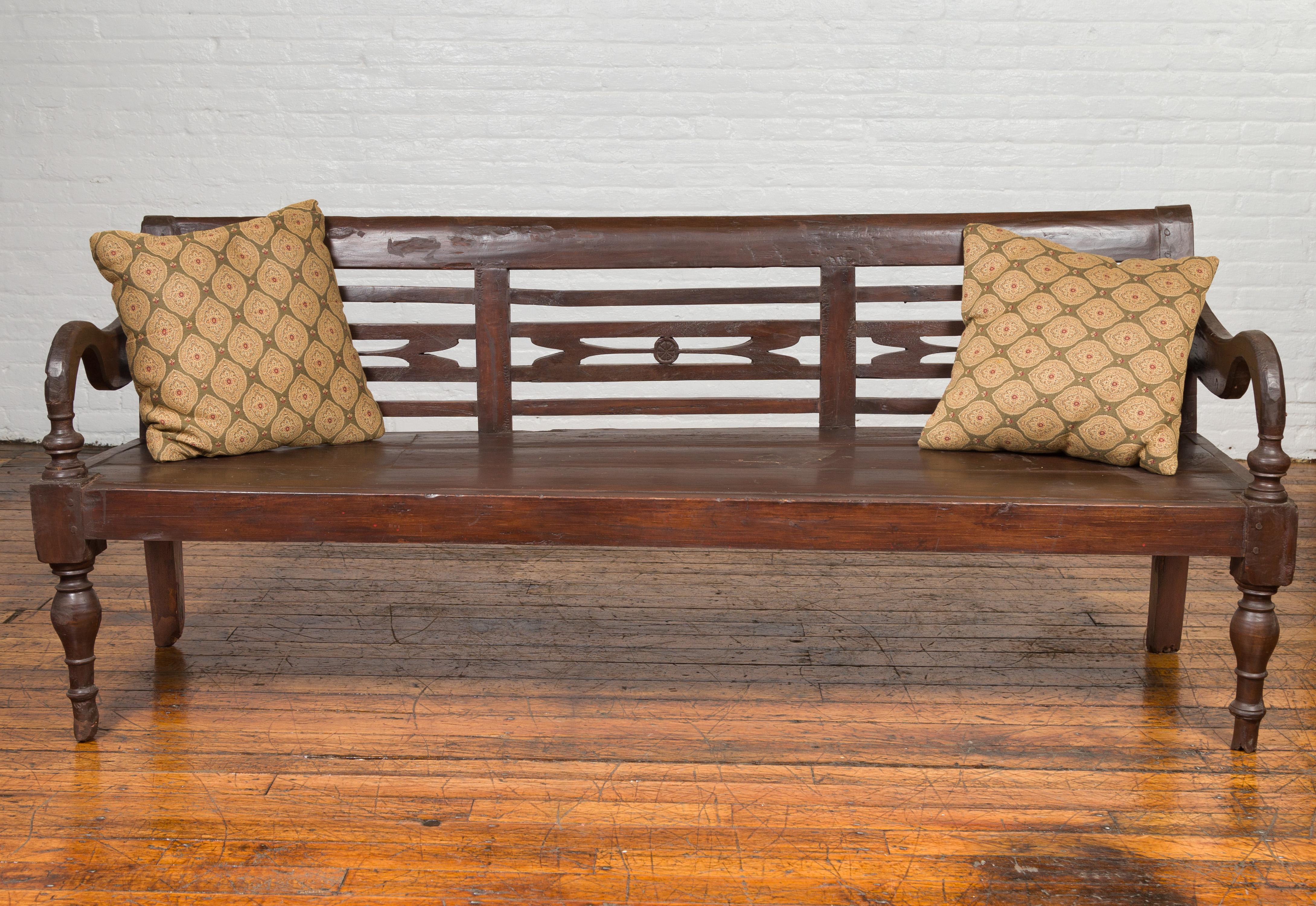 Dutch Colonial 19th Century Teak Bench with Pierced Back and Scrolling Arms 2