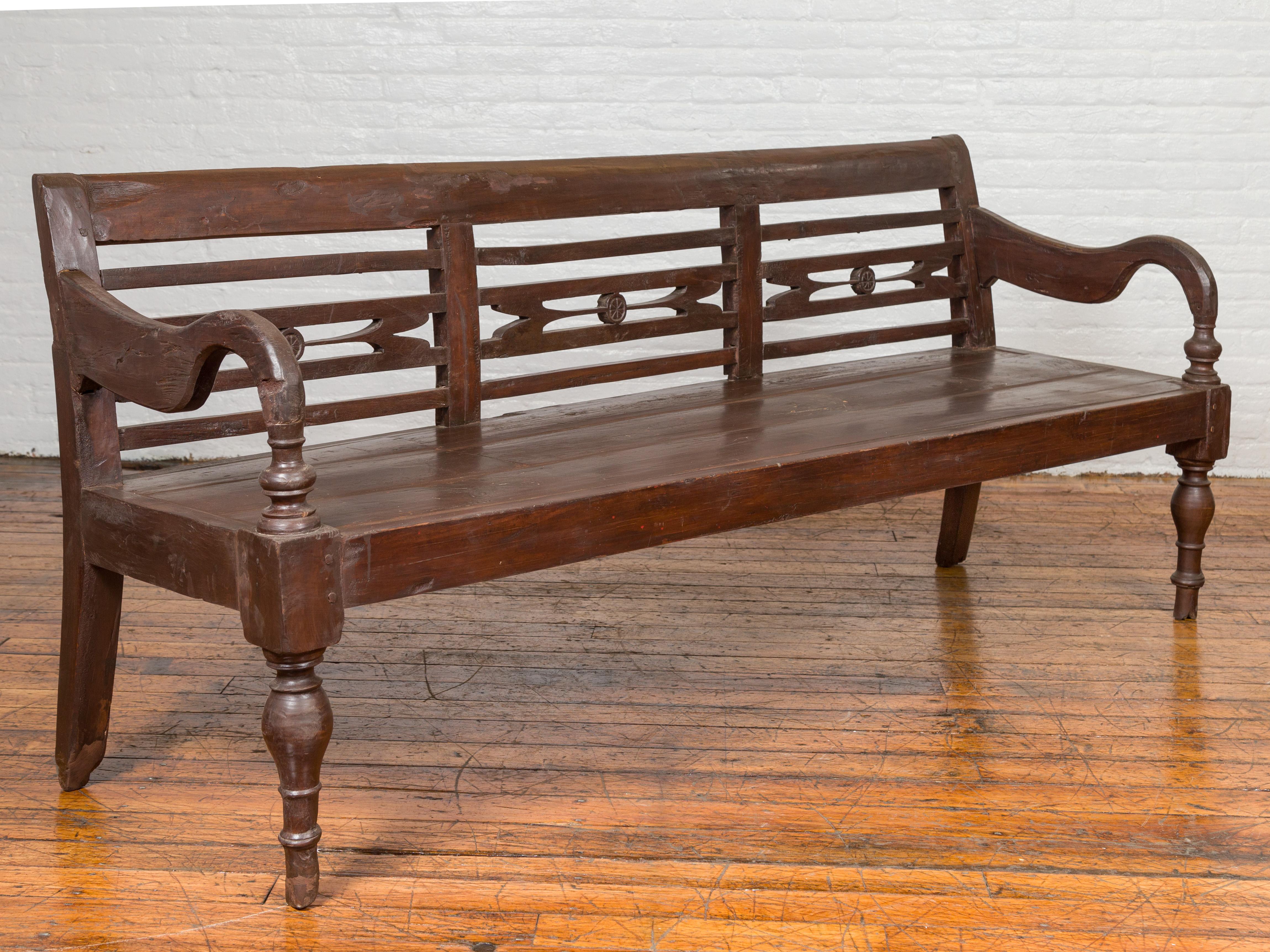 Dutch Colonial 19th Century Teak Bench with Pierced Back and Scrolling Arms 3