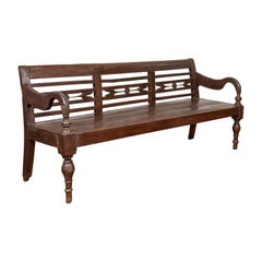 Antique Dutch Colonial 19th Century Teak Bench with Pierced Back and Scrolling Arms