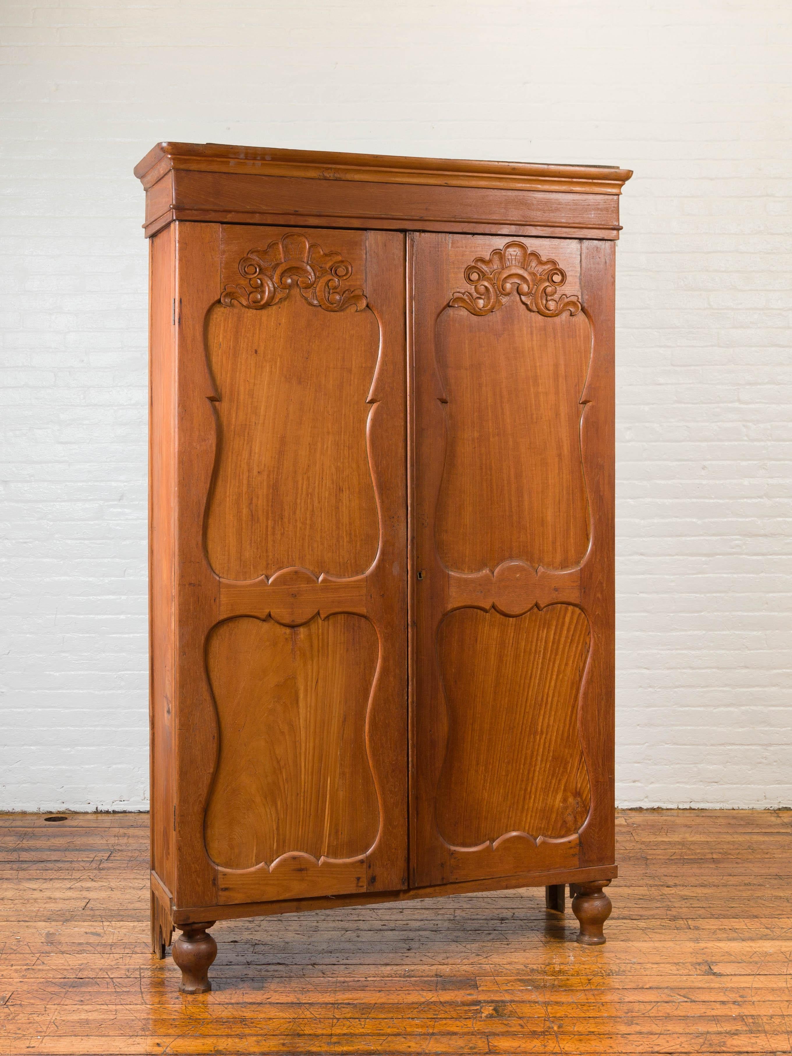 Dutch Colonial 19th Century Teak Wood Cabinet with Carved Panels and Shelves For Sale 3