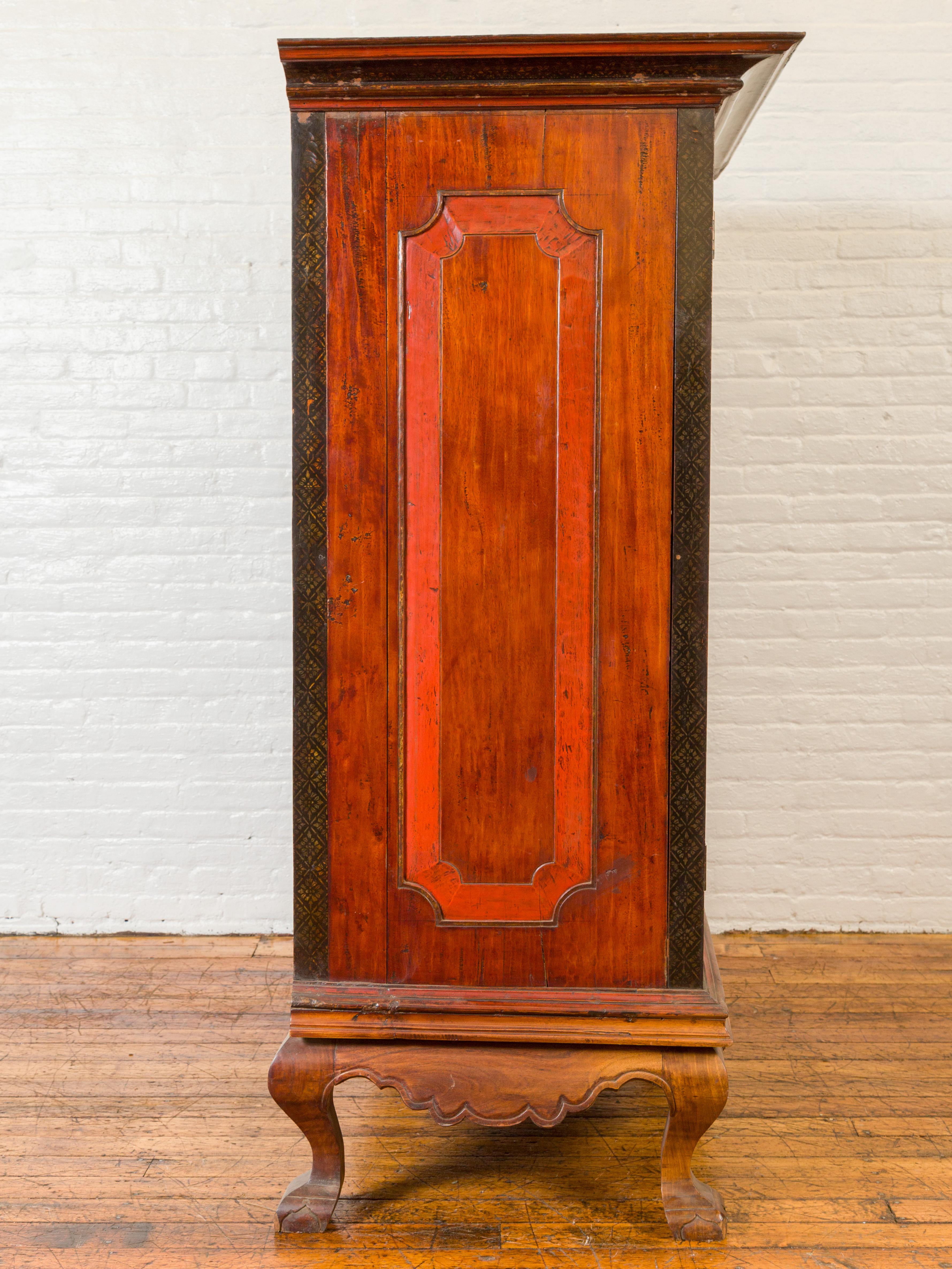 Dutch Colonial Antique Lacquered Wood Cabinet with Glass Doors and Cabriole Legs For Sale 1