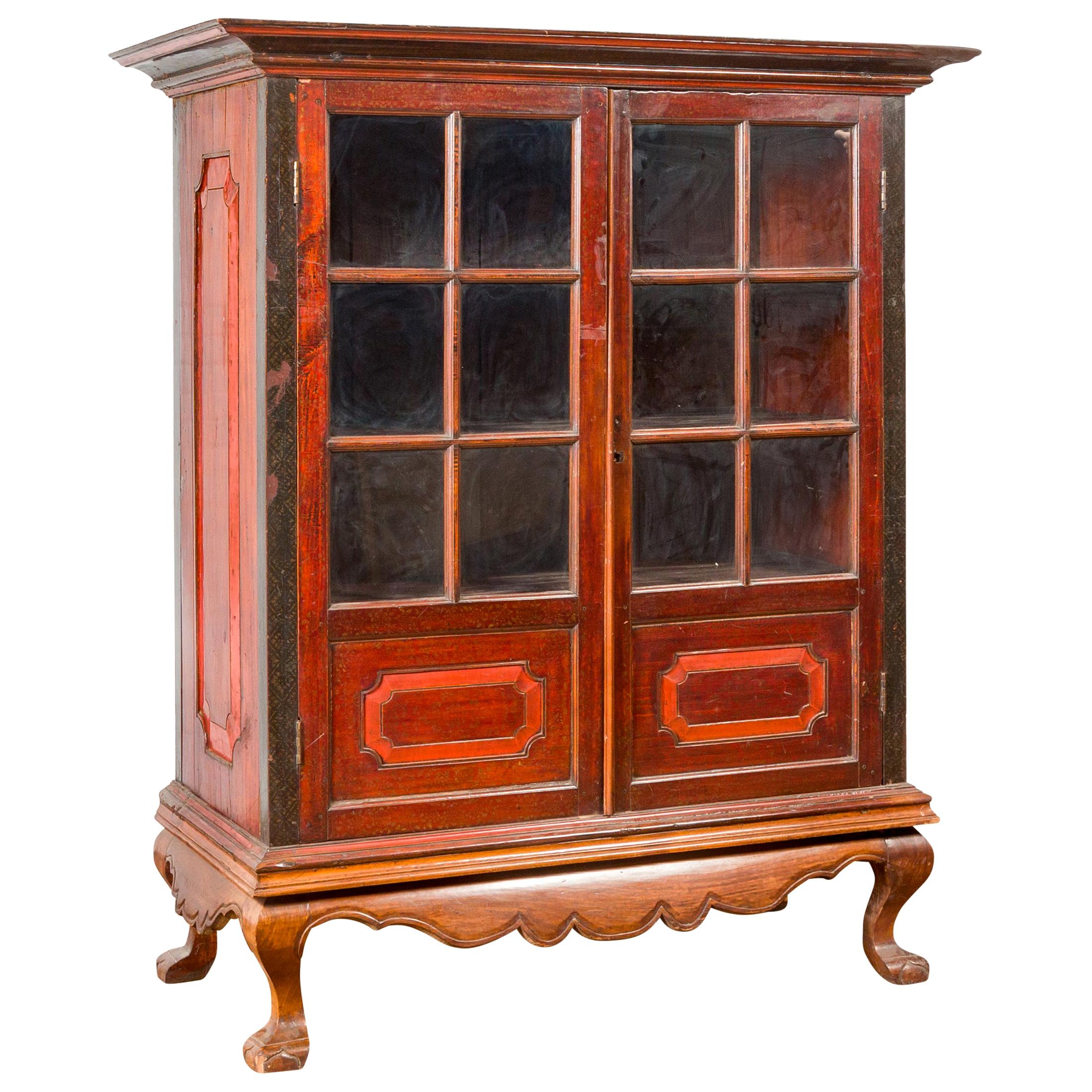 Dutch Colonial Antique Lacquered Wood Cabinet with Glass Doors and Cabriole Legs For Sale