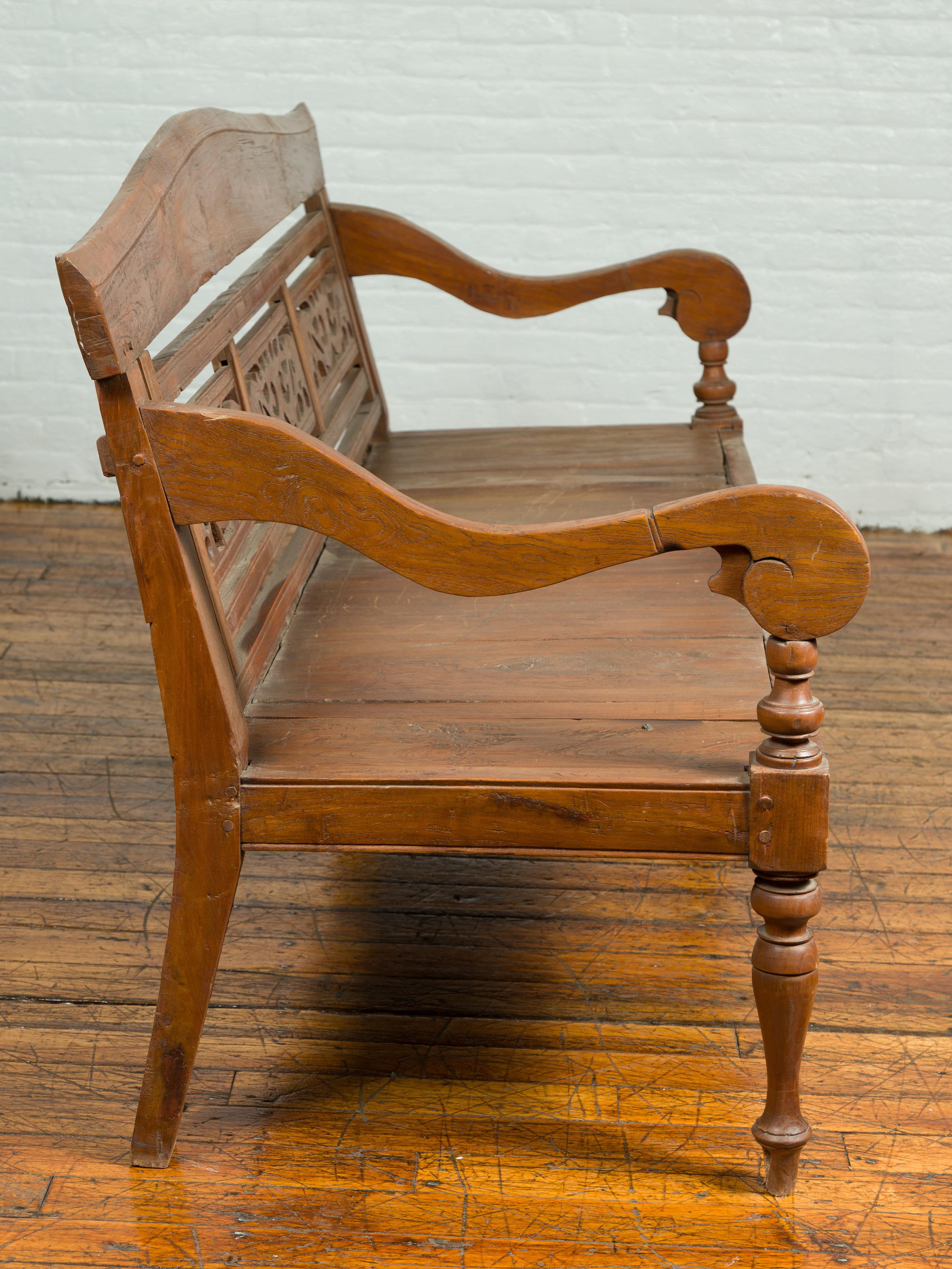 Dutch Colonial Antique Wooden Bench with Carved Camelback and Scrolling Arms 5